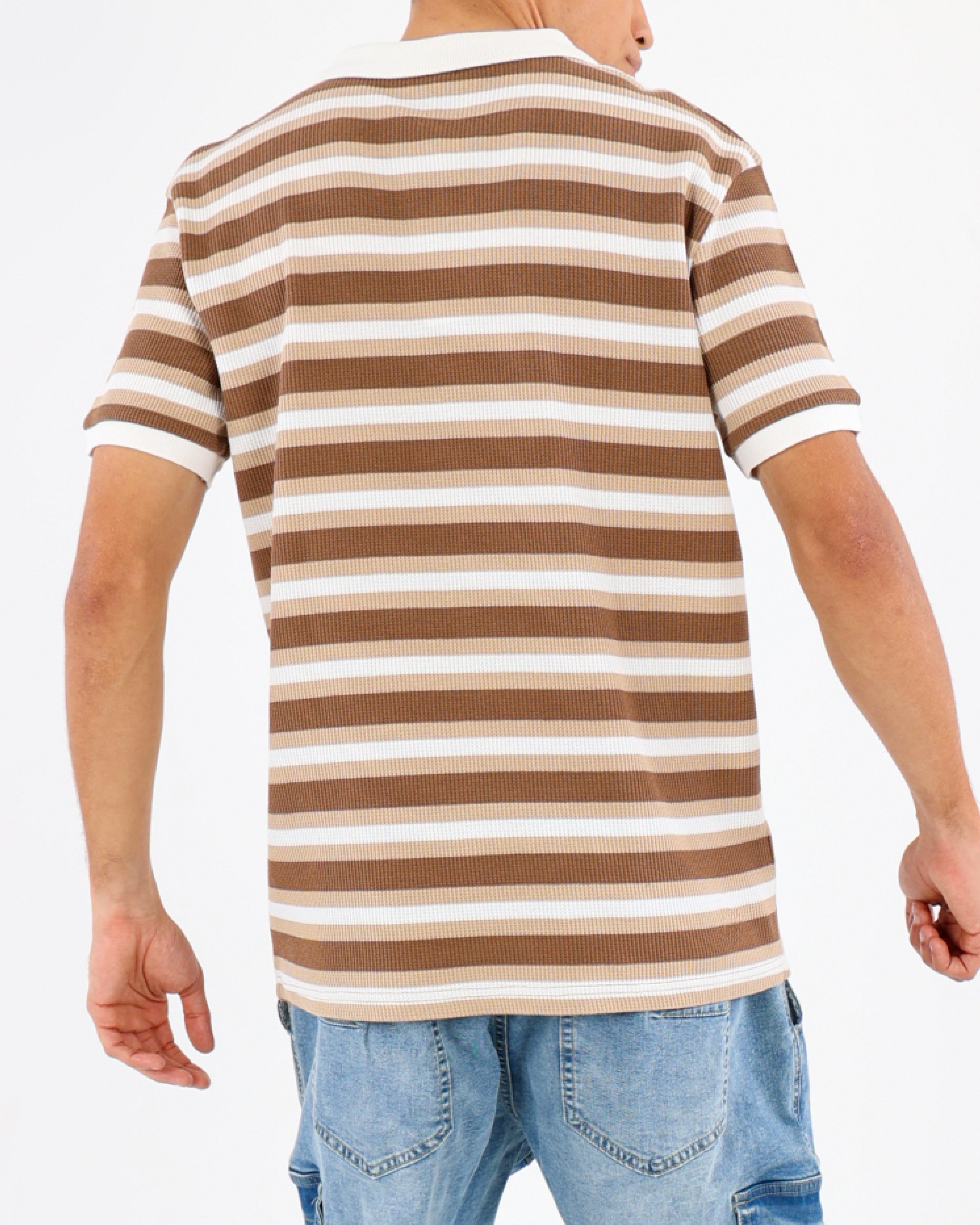 Waffle Textured Short Sleeve Striped Golfer