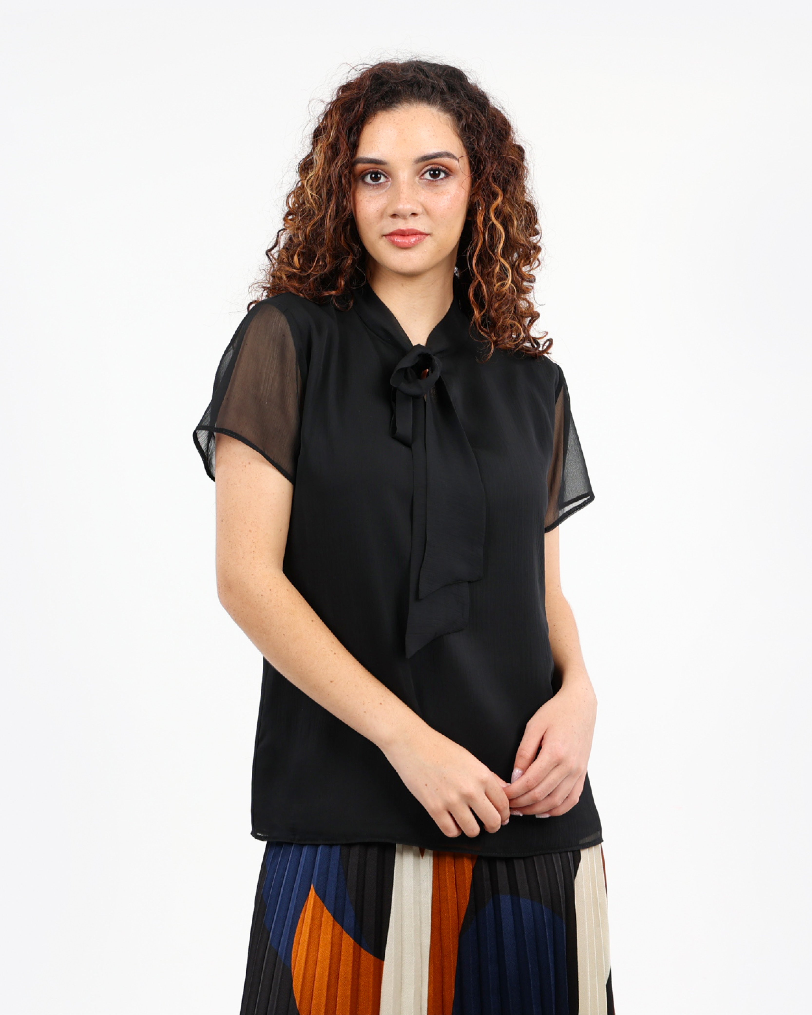 Short Sleeve Neck Tie Blouse