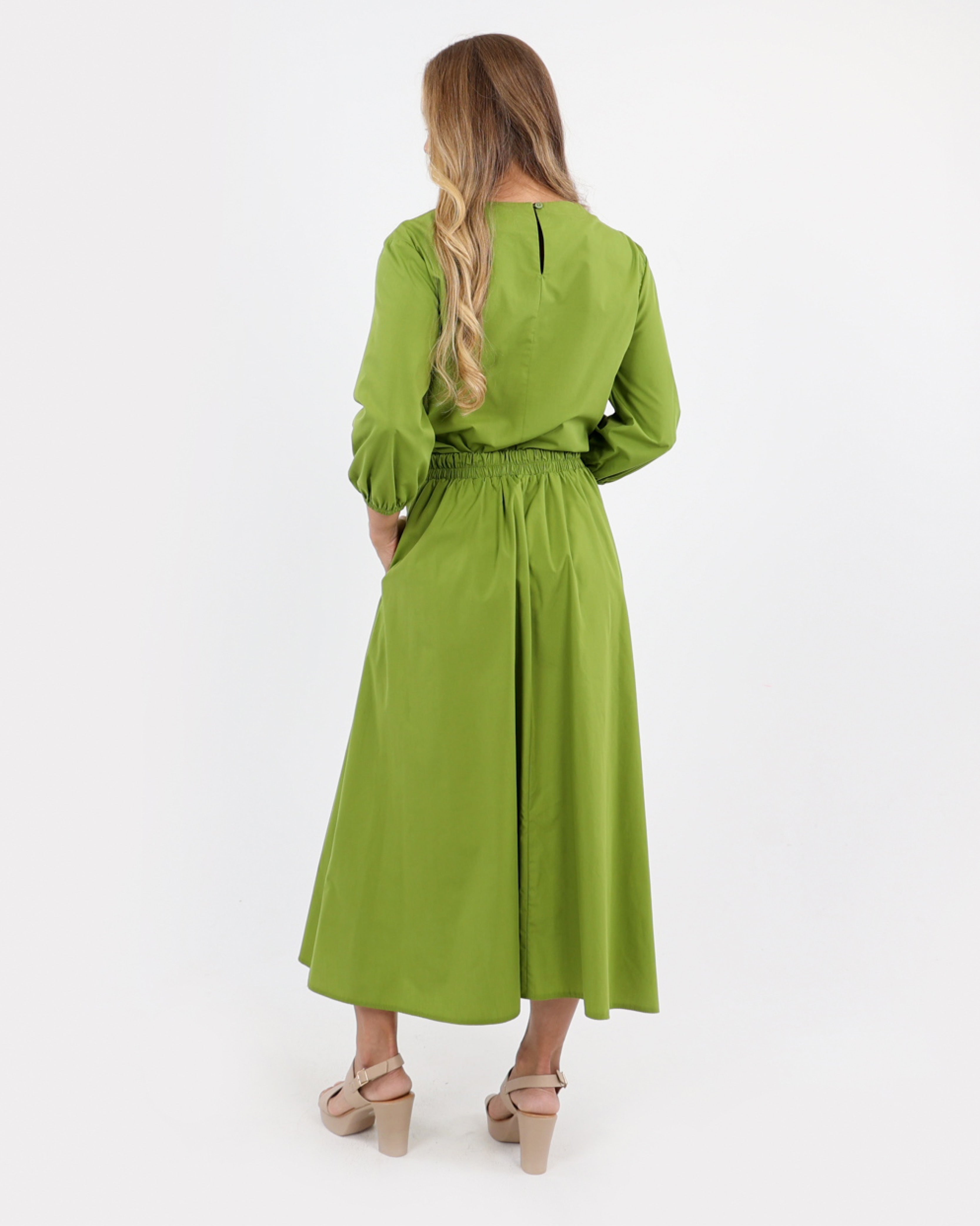Green Cotton Poplin Flared Skirt