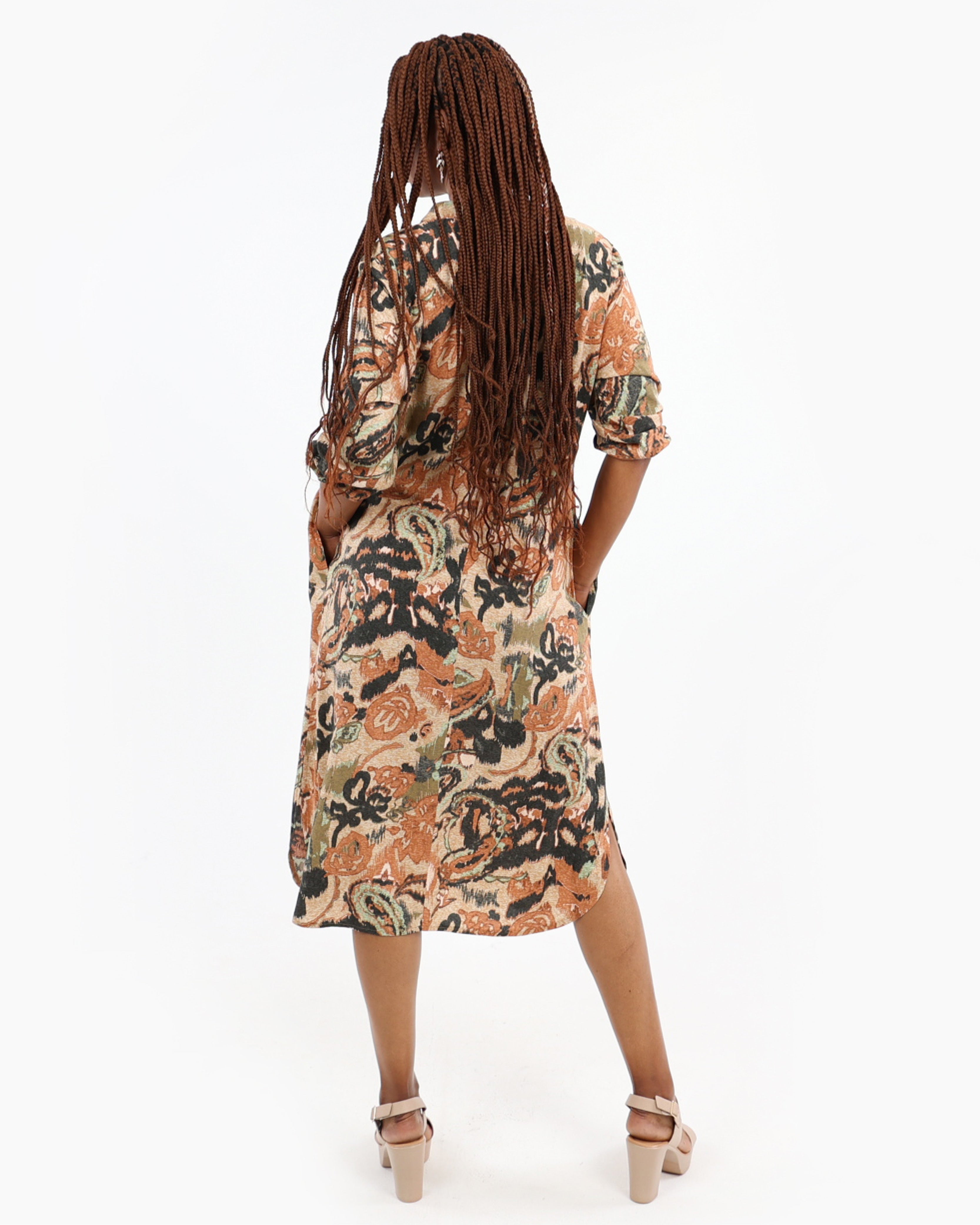 3/4 Sleeve Olive Floral Print Dress
