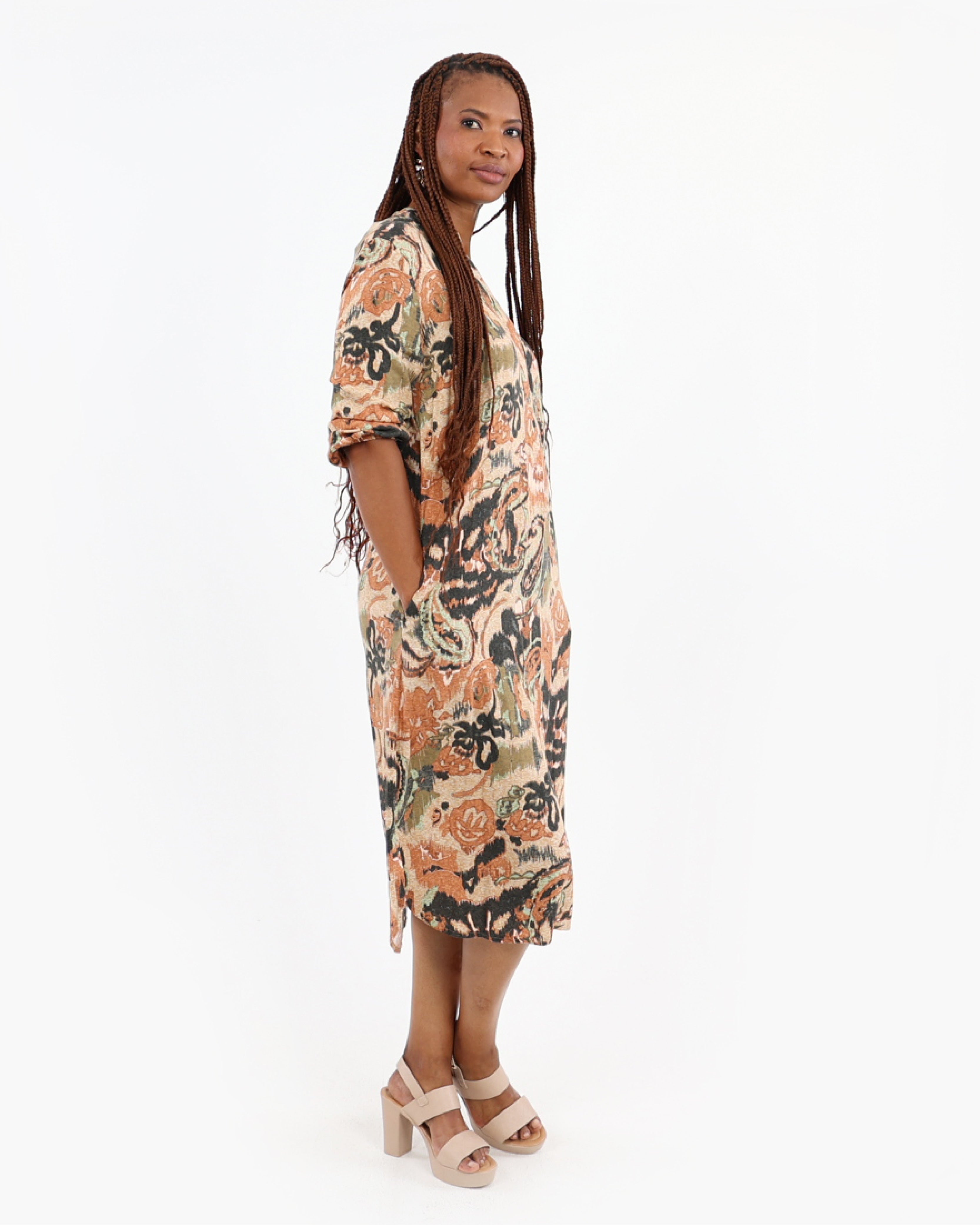 3/4 Sleeve Olive Floral Print Dress