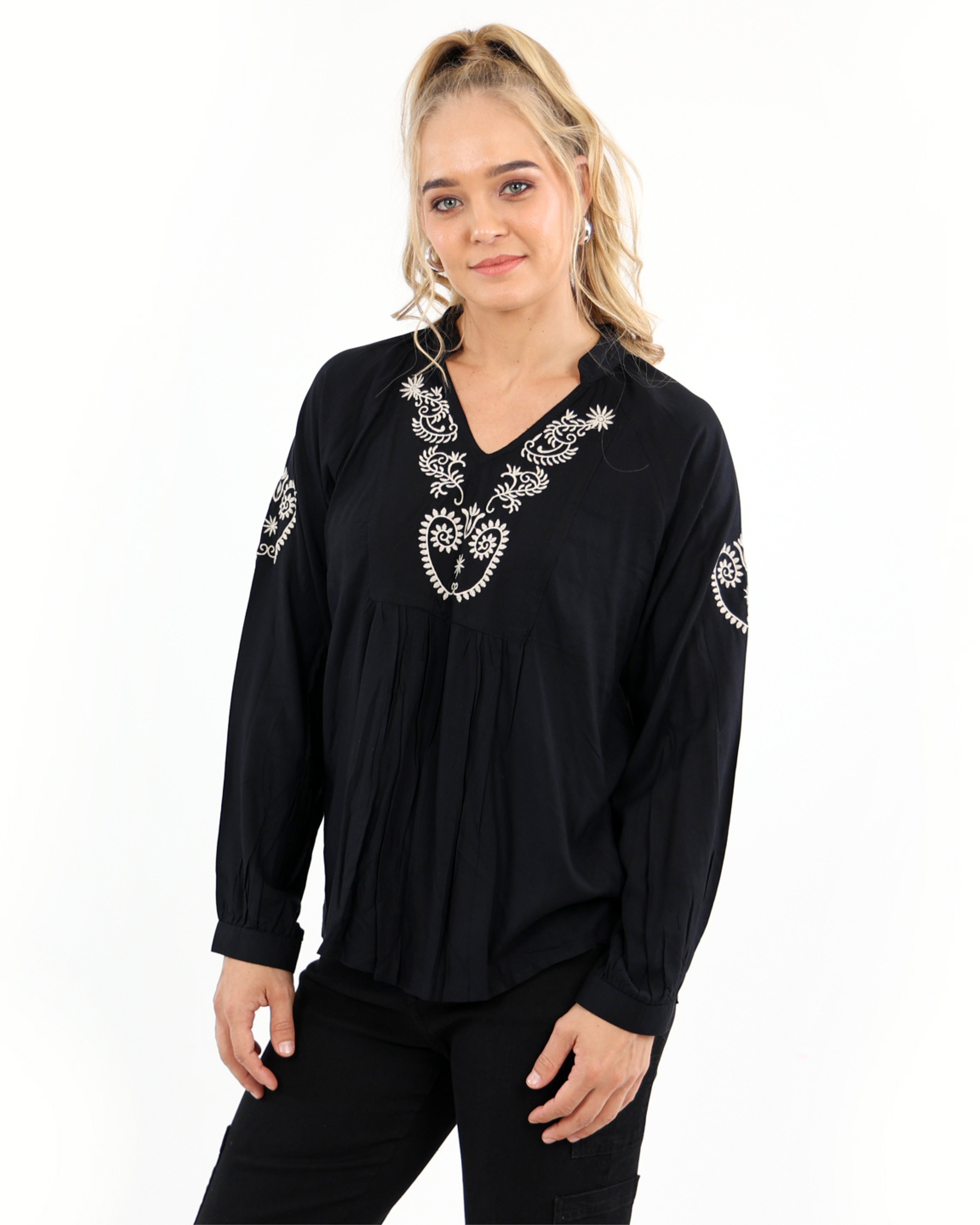 Black Embroidered Long Sleeve Blouse