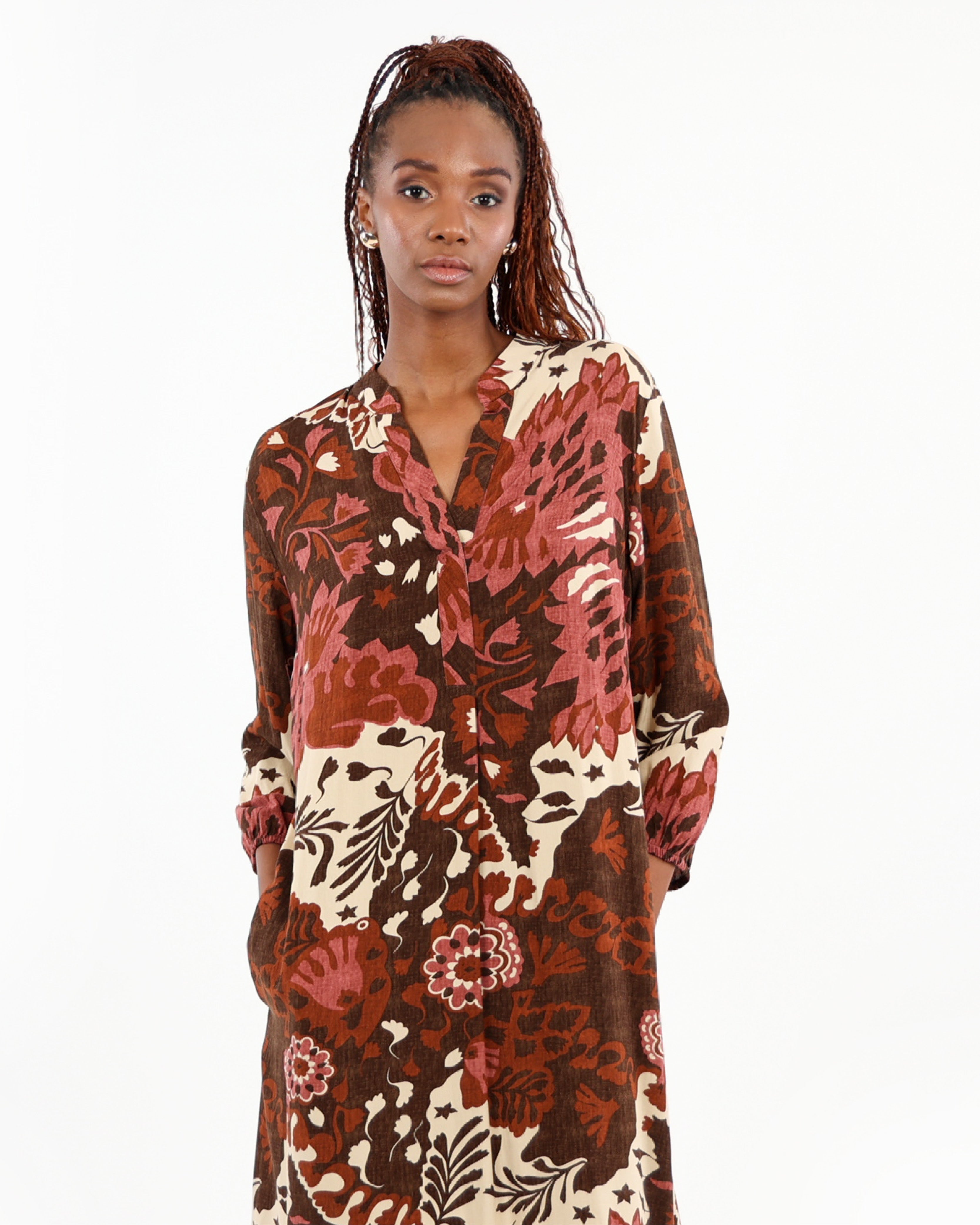 3/4 Sleeve Chocolate Floral Print Dress