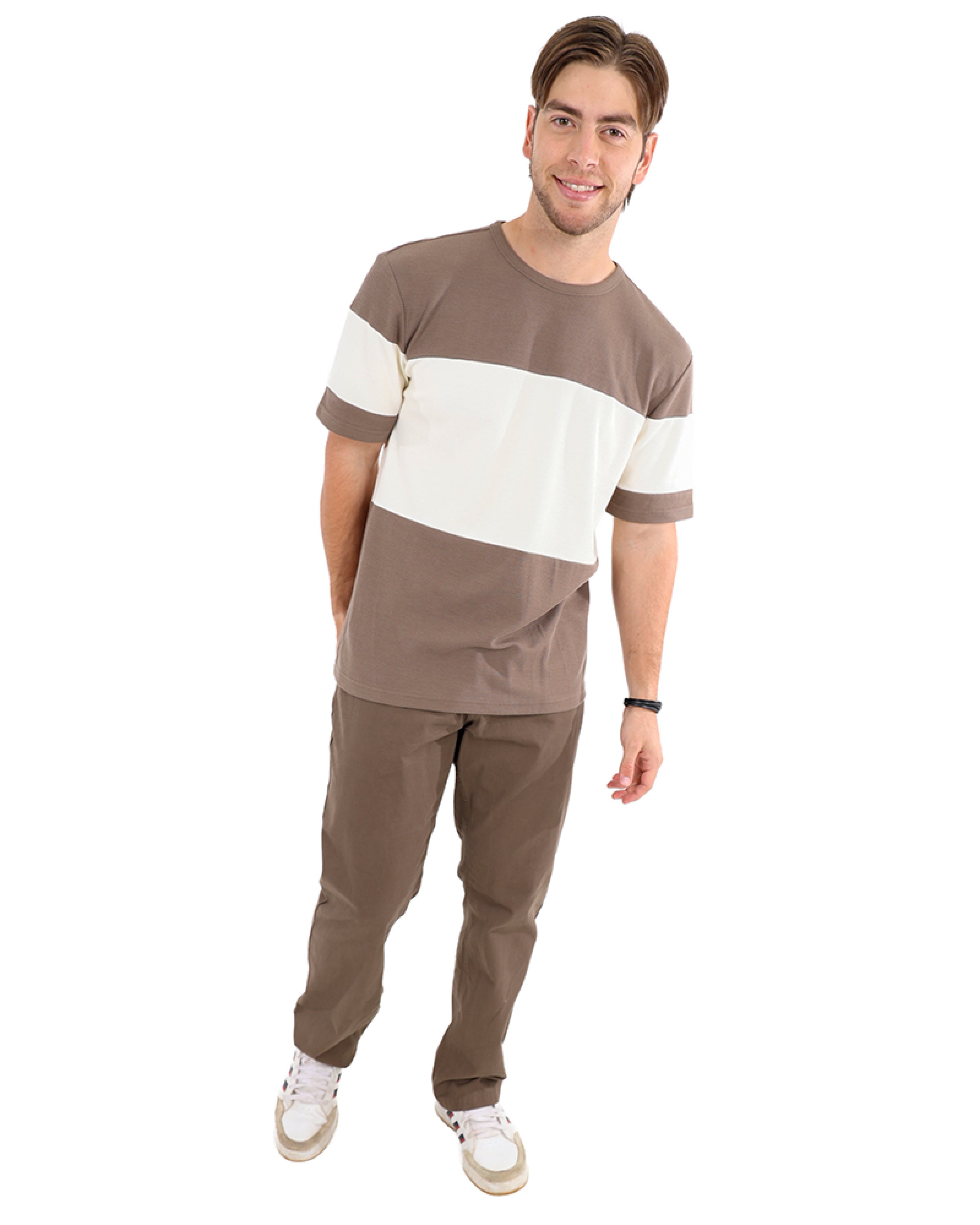 Short Sleeve Colour Block Textured Taupe T-Shirt