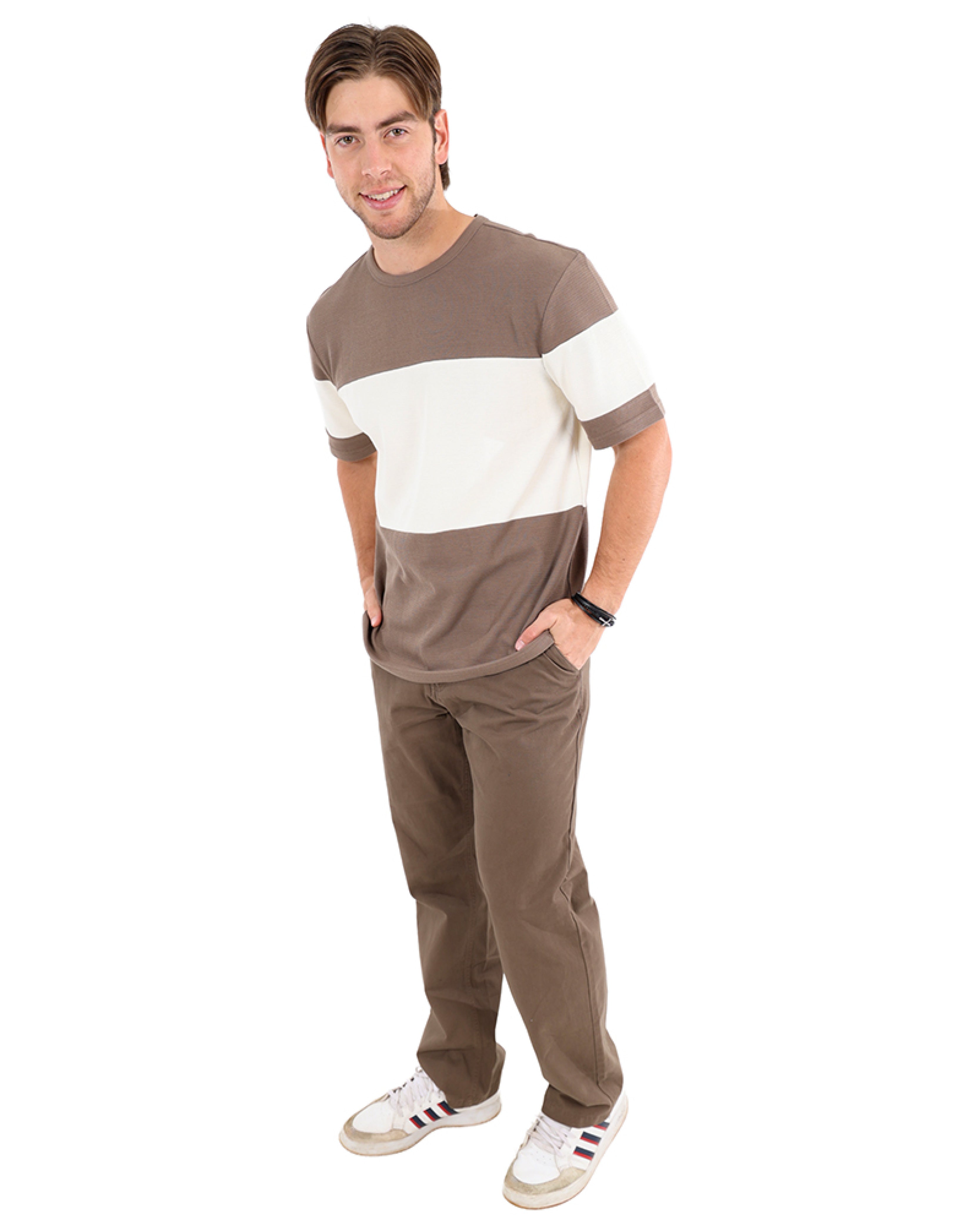 Short Sleeve Colour Block Textured Taupe T-Shirt