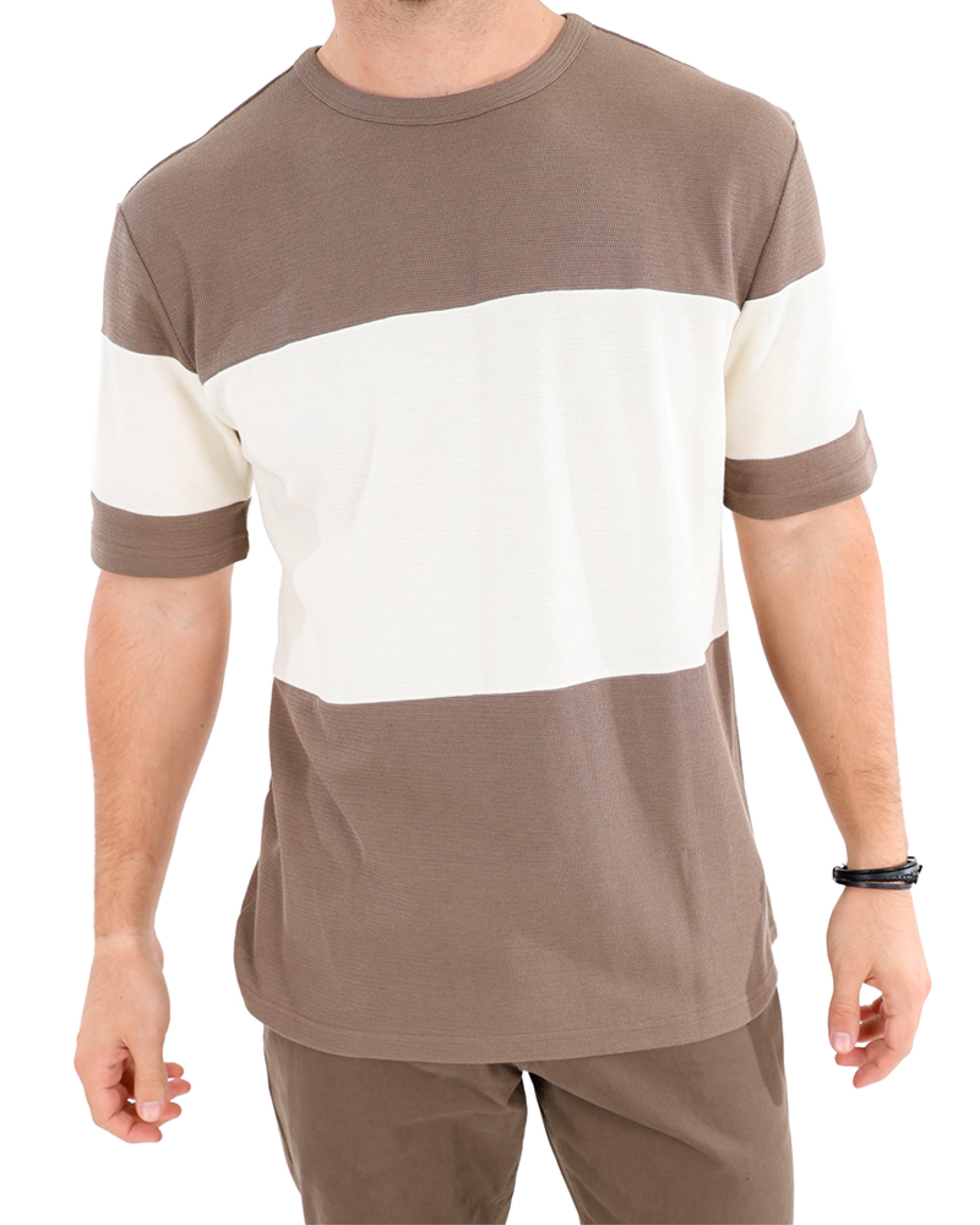 Short Sleeve Colour Block Textured Taupe T-Shirt