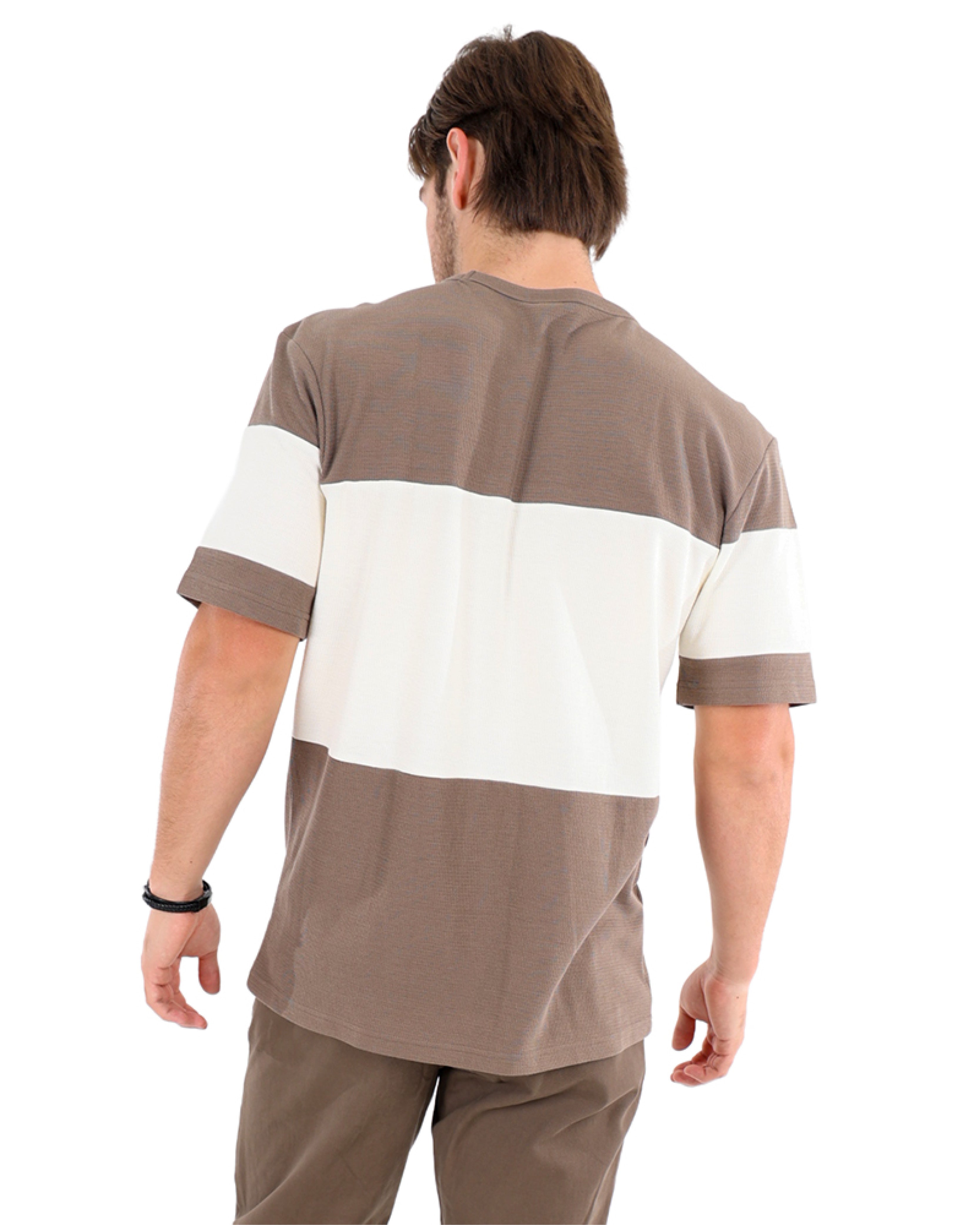 Short Sleeve Colour Block Textured Taupe T-Shirt