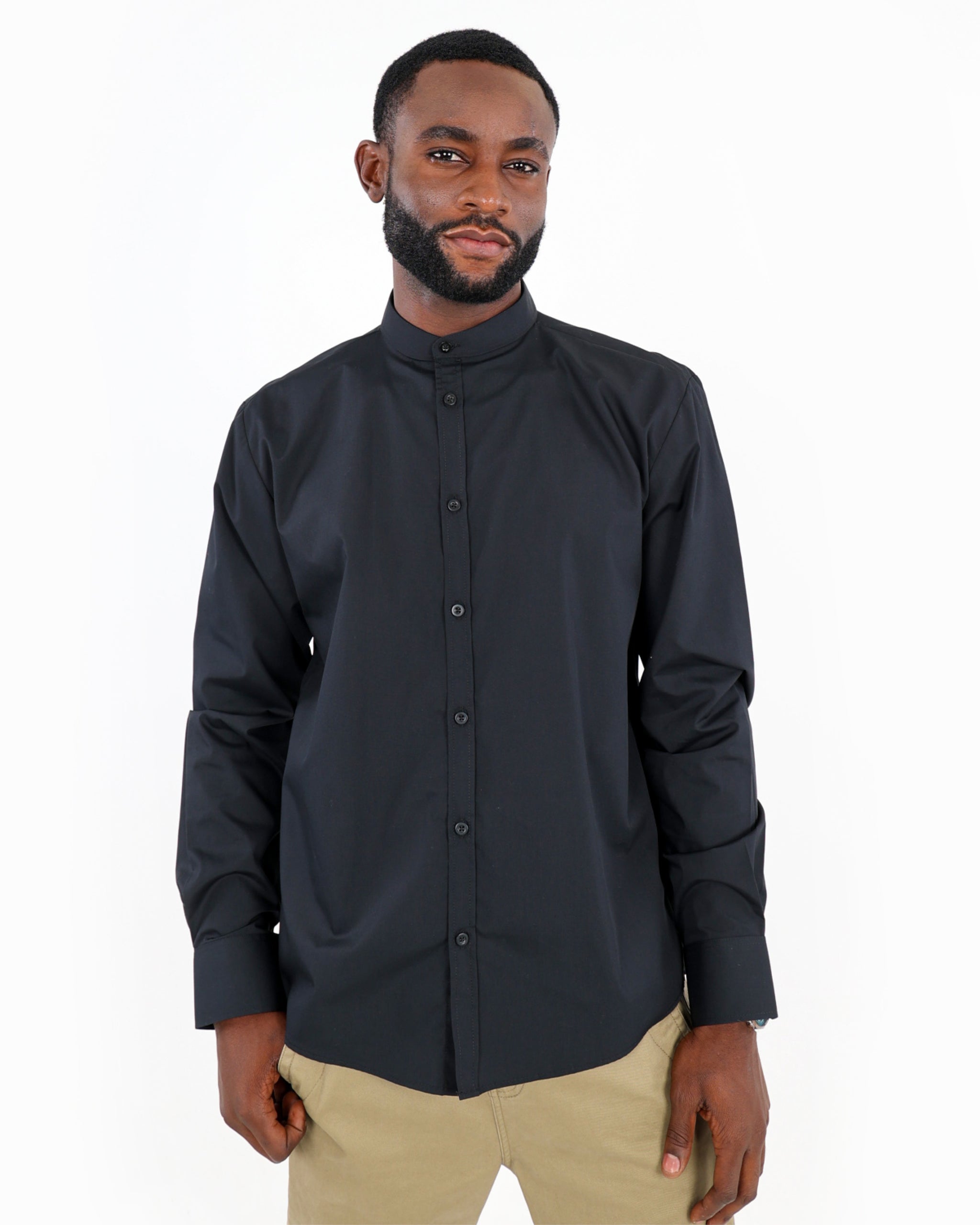 Men's Mandarin Collar Geometric Black Slim Fit Shirt