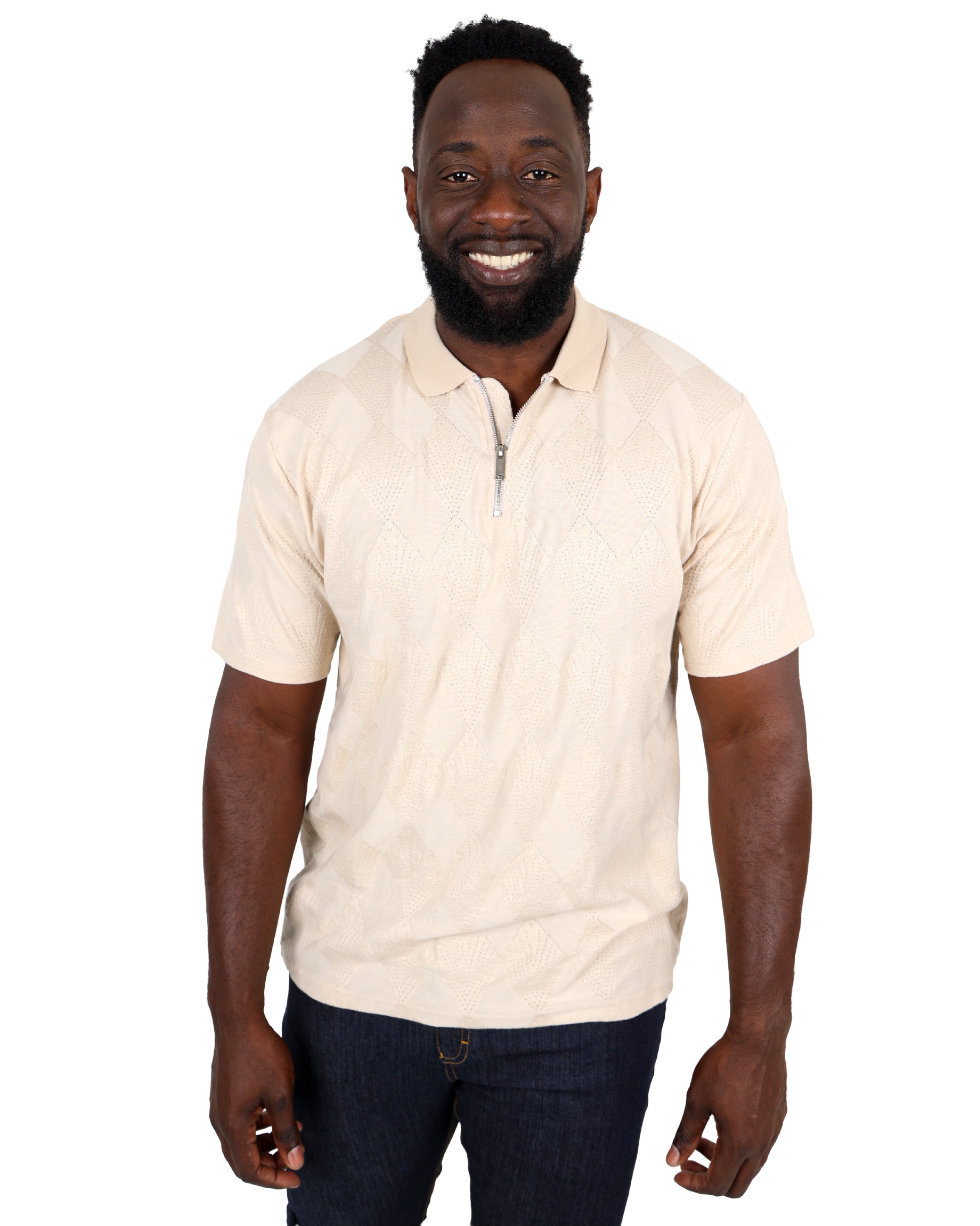 Short Sleeve Stone Zip Up Jacquard Golfer