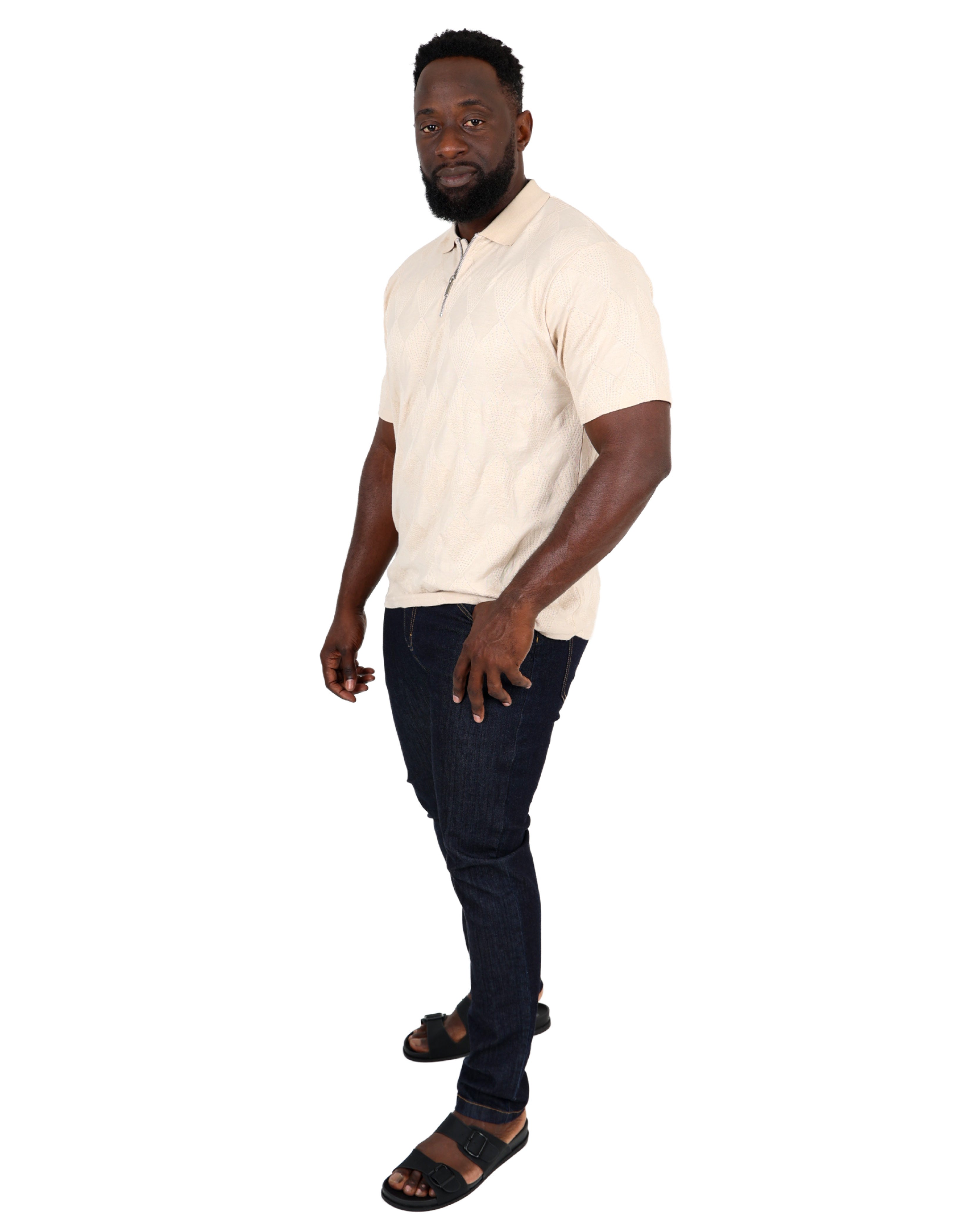 Short Sleeve Stone Zip Up Jacquard Golfer