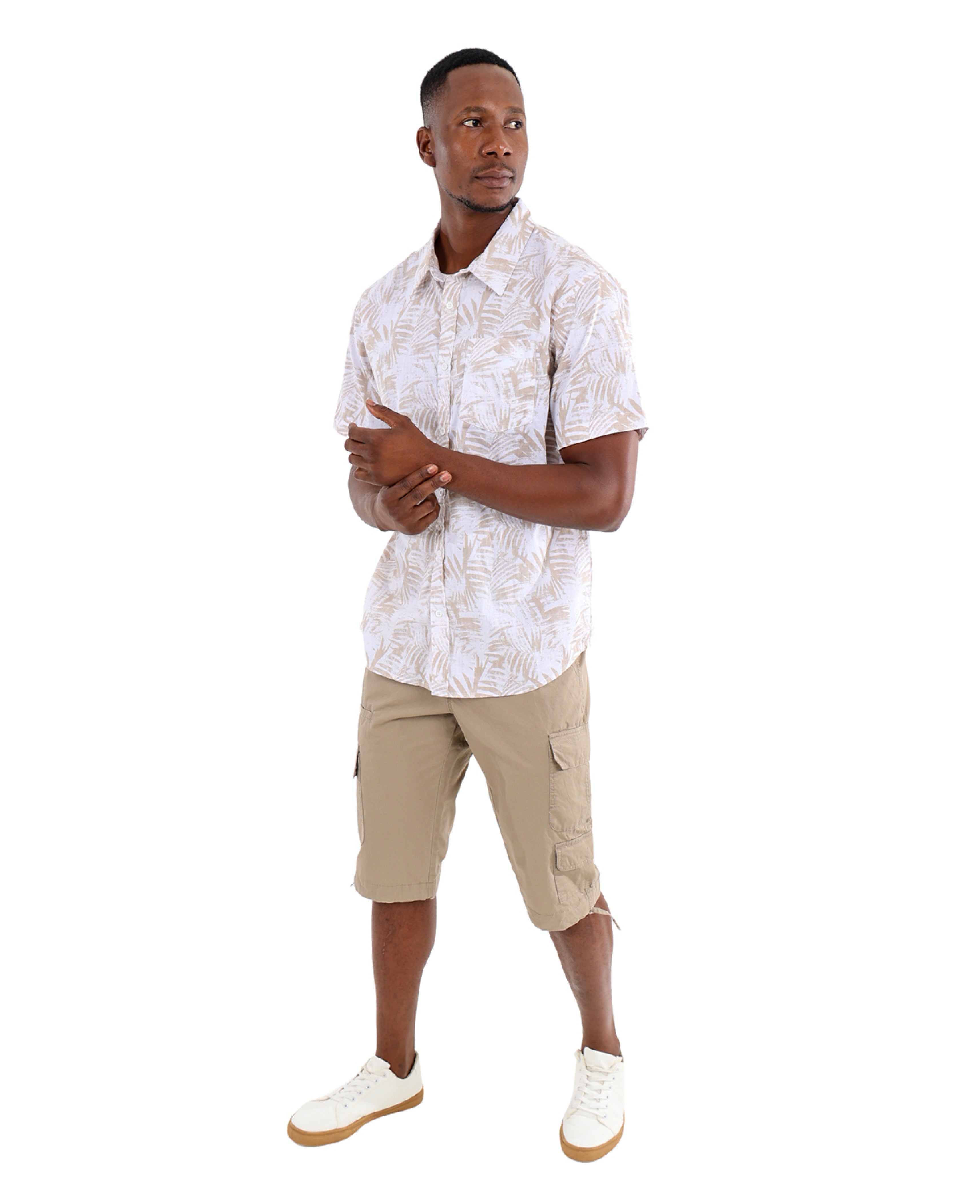 Short Sleeve Cotton Slub Leaf Pattern Shirt