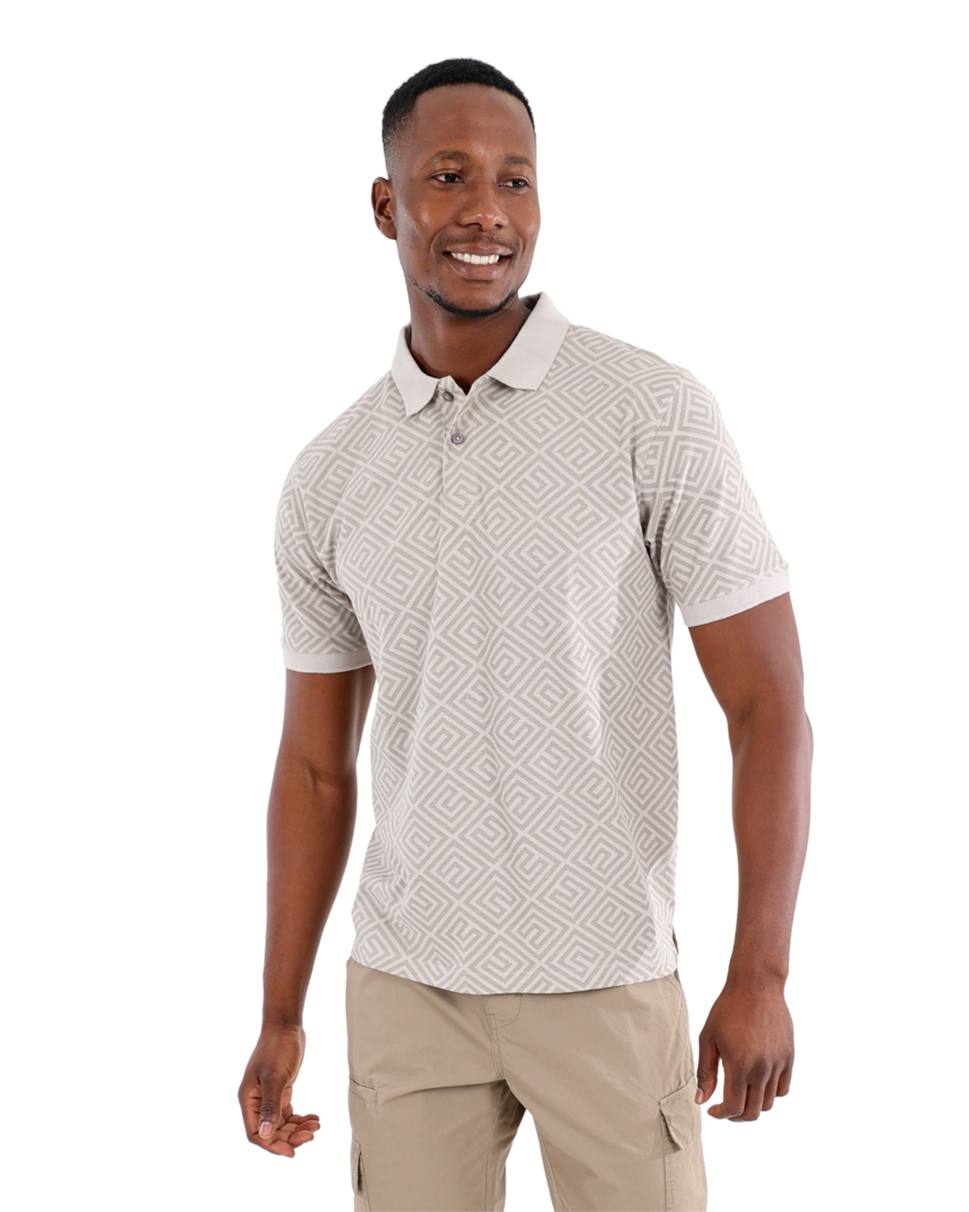 Short Sleeve Cotton Pique Greek Key Pattern Golfer