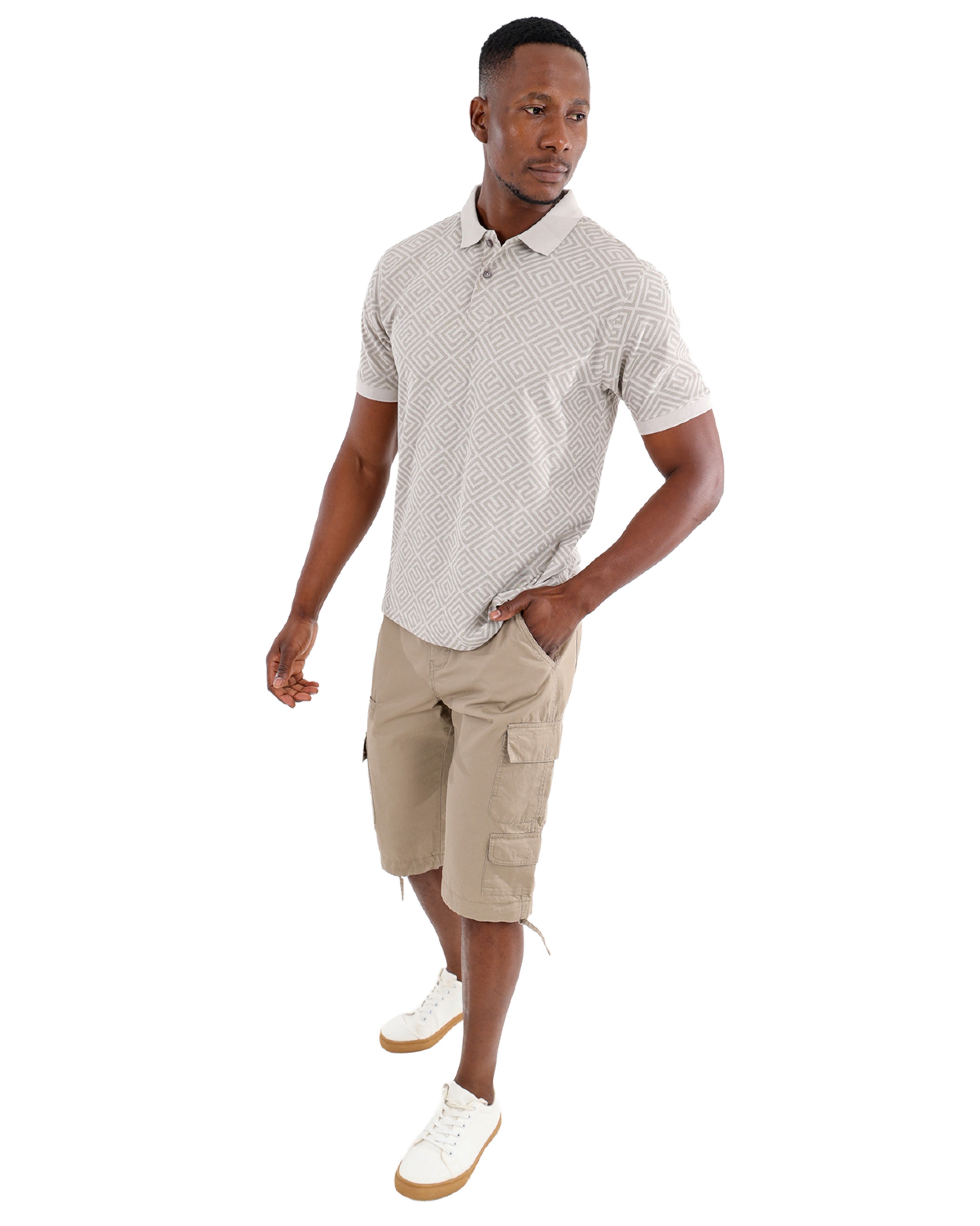 Short Sleeve Cotton Pique Greek Key Pattern Golfer