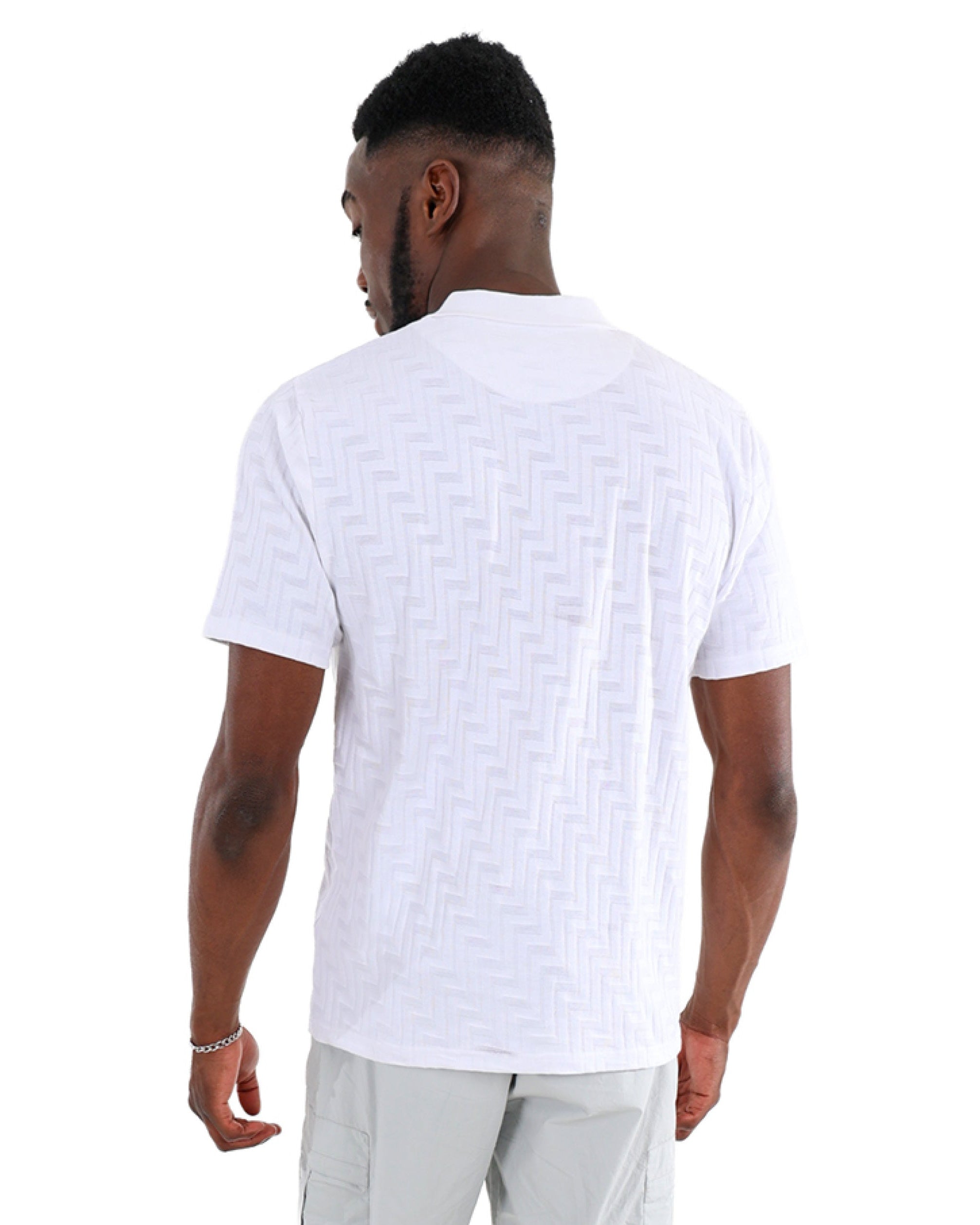 Short Sleeve Button Up White Jacquard Golfer