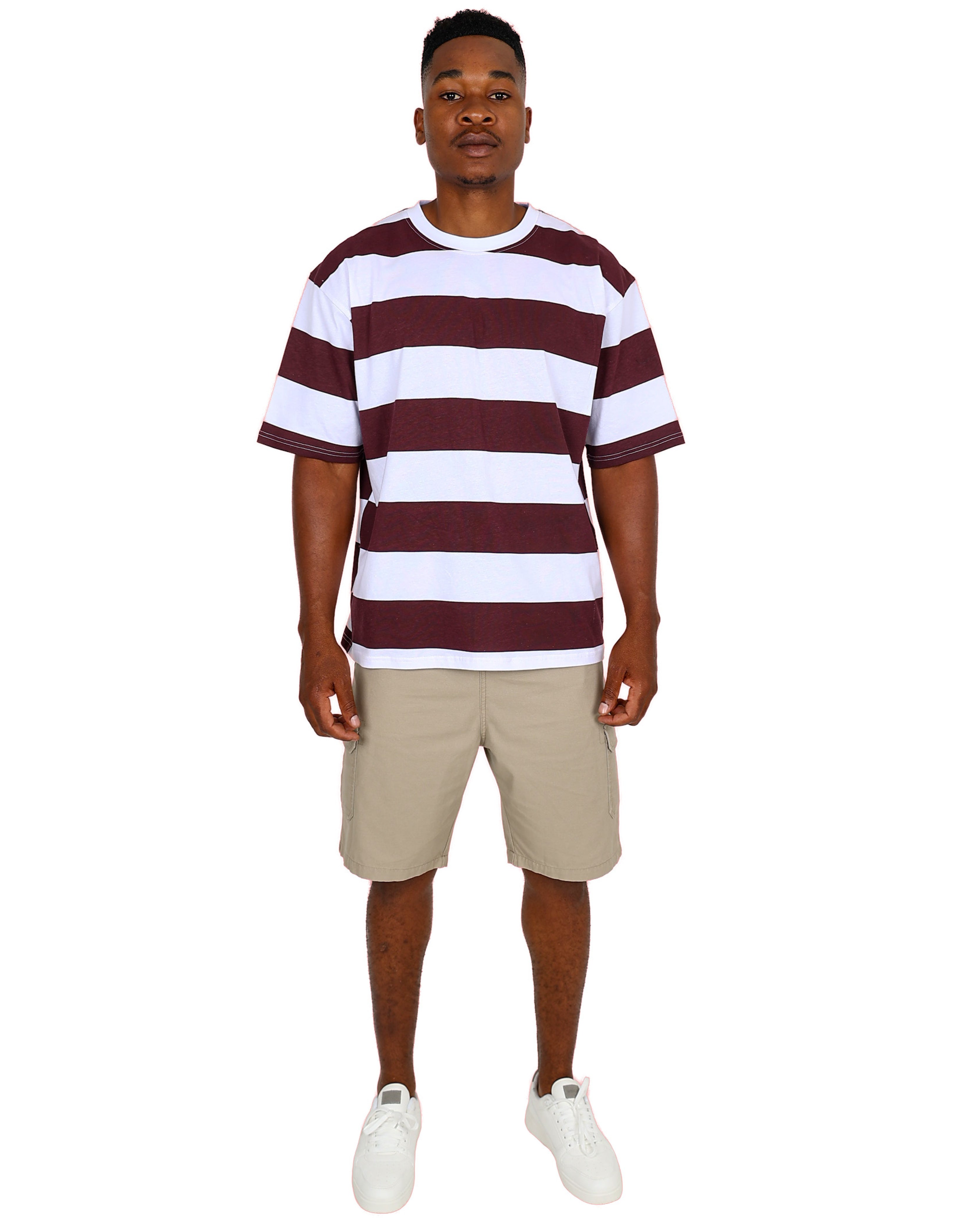 Short Sleeve Burgundy Wide Stripe Cotton T-Shirt