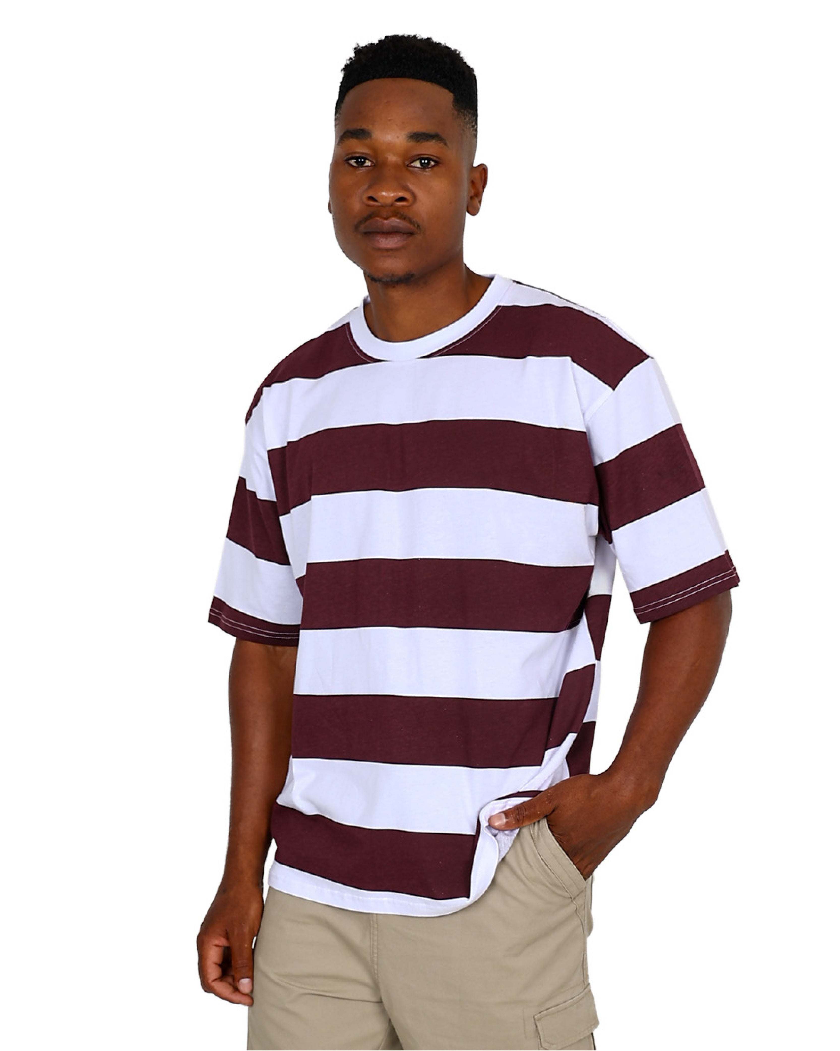 Short Sleeve Burgundy Wide Stripe Cotton T-Shirt