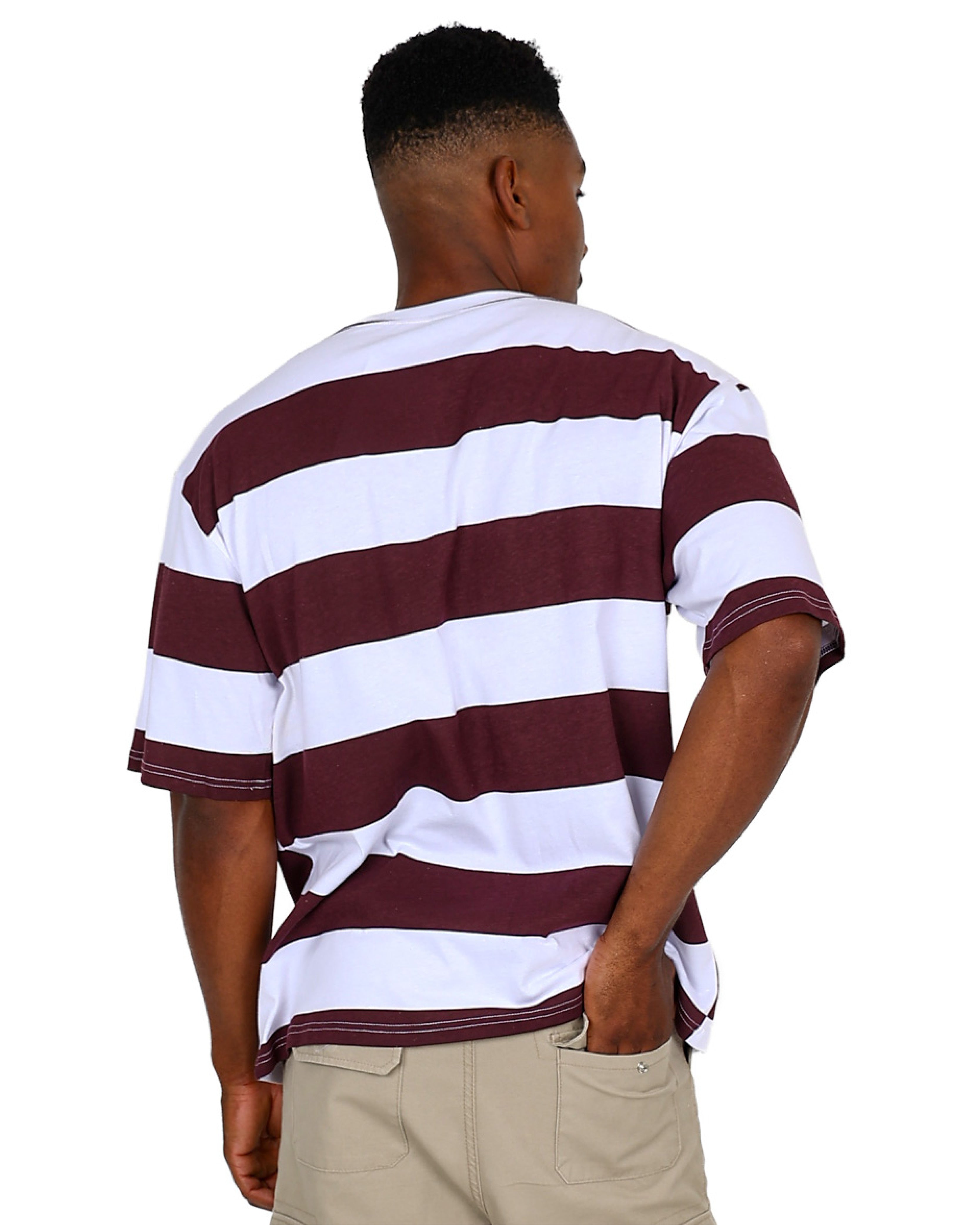 Short Sleeve Burgundy Wide Stripe Cotton T-Shirt