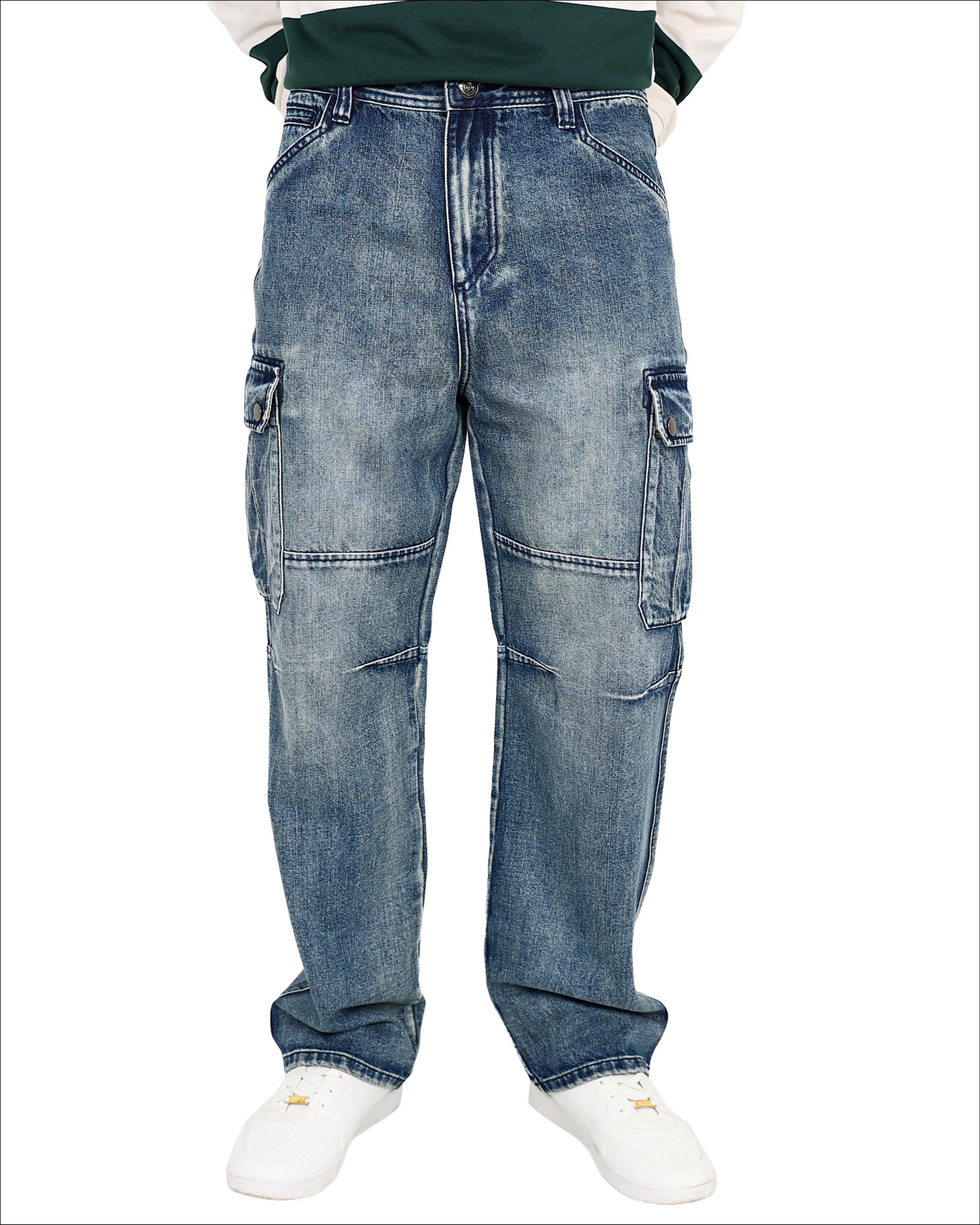 Blue Tea Stain Relaxed Fit Cargo Jeans