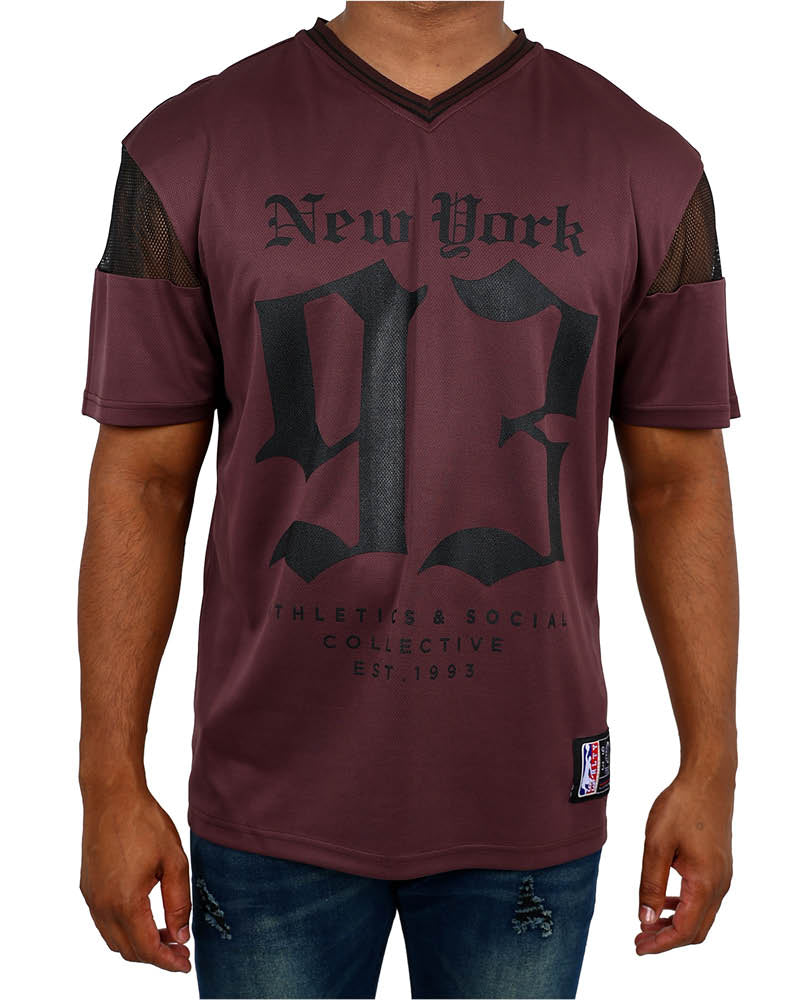 Short Sleeve Burgundy Mesh New York 93 Graphic T-shirt