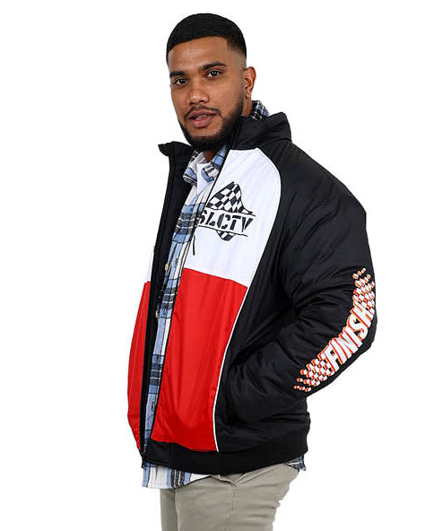 Black & Red Colour Block Racing Inspired Bomber Jacket