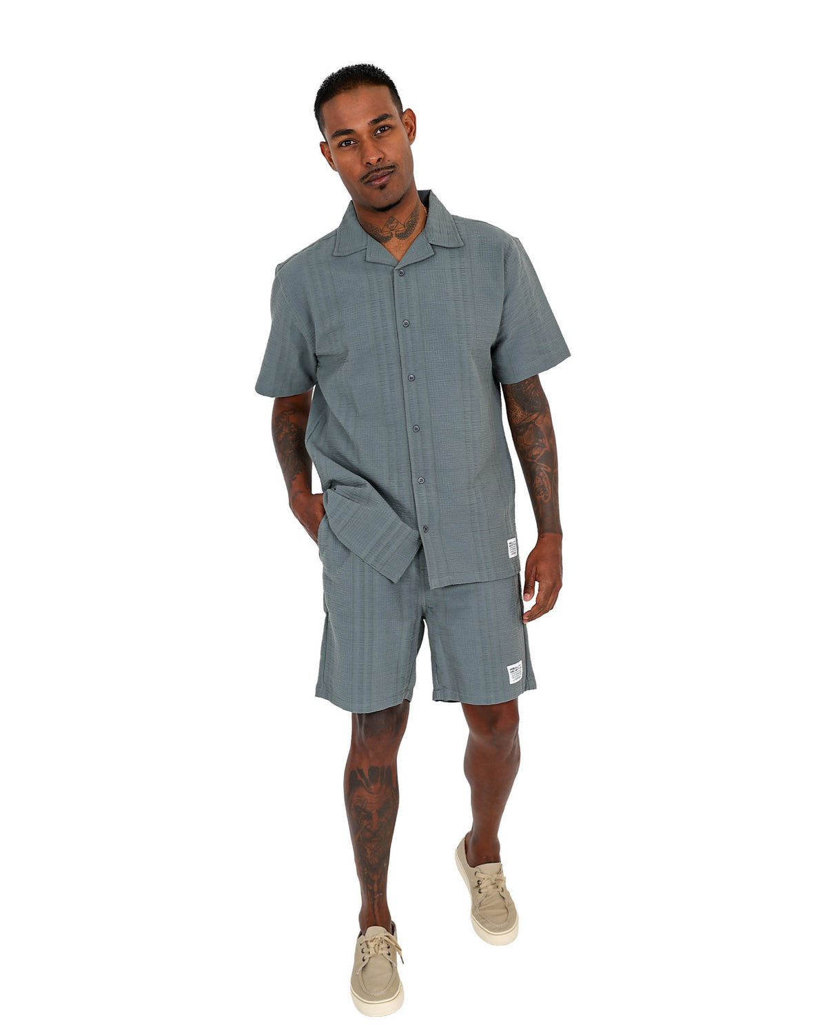 Short Sleeve Sage Cotton Seersucker Shirt