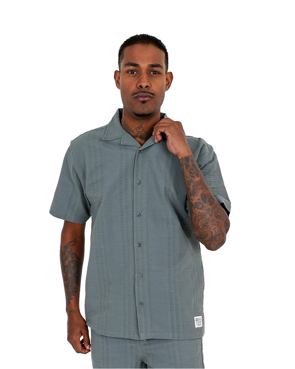 Short Sleeve Sage Cotton Seersucker Shirt