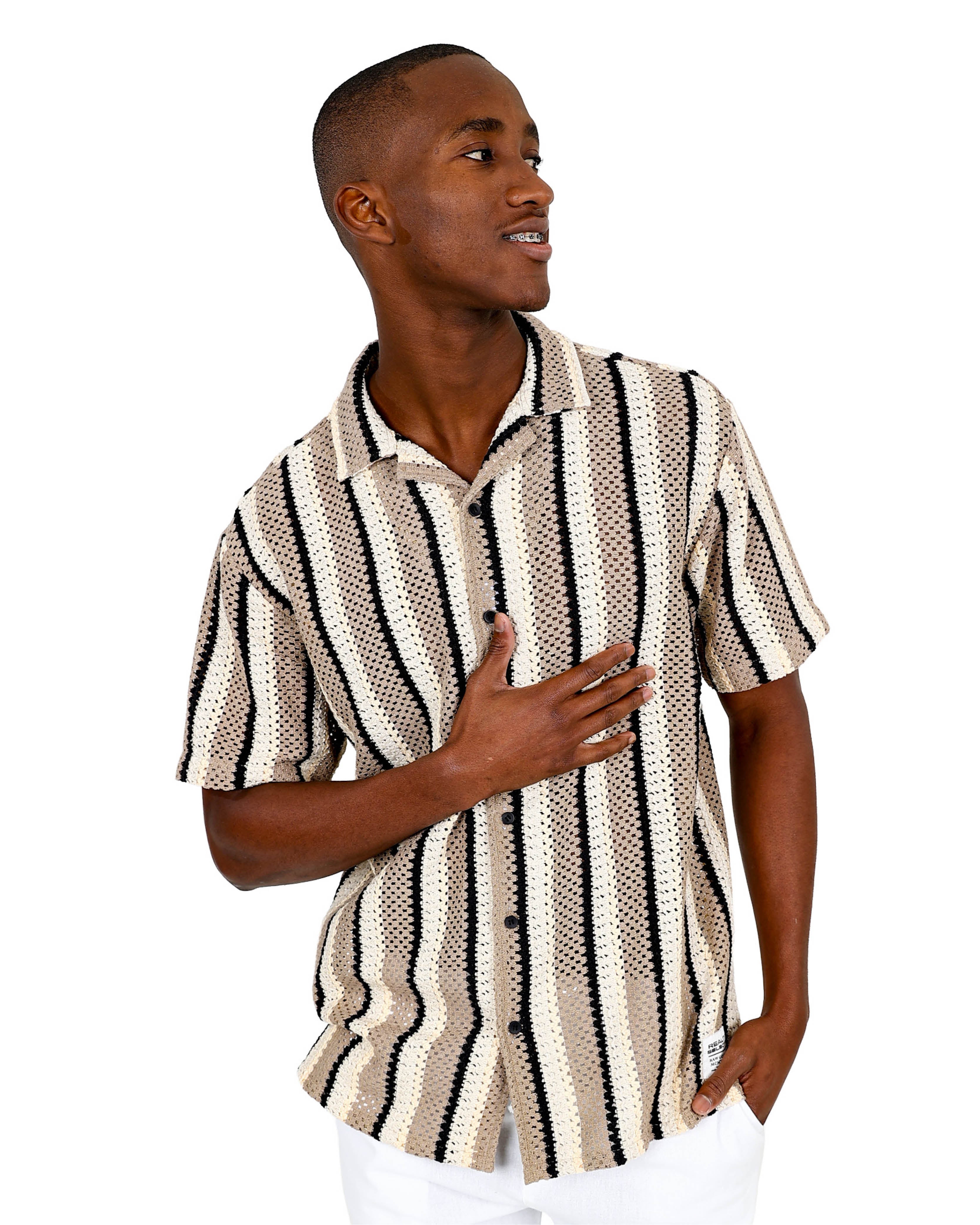 Short Sleeve Taupe & Cream Crochet Shirt