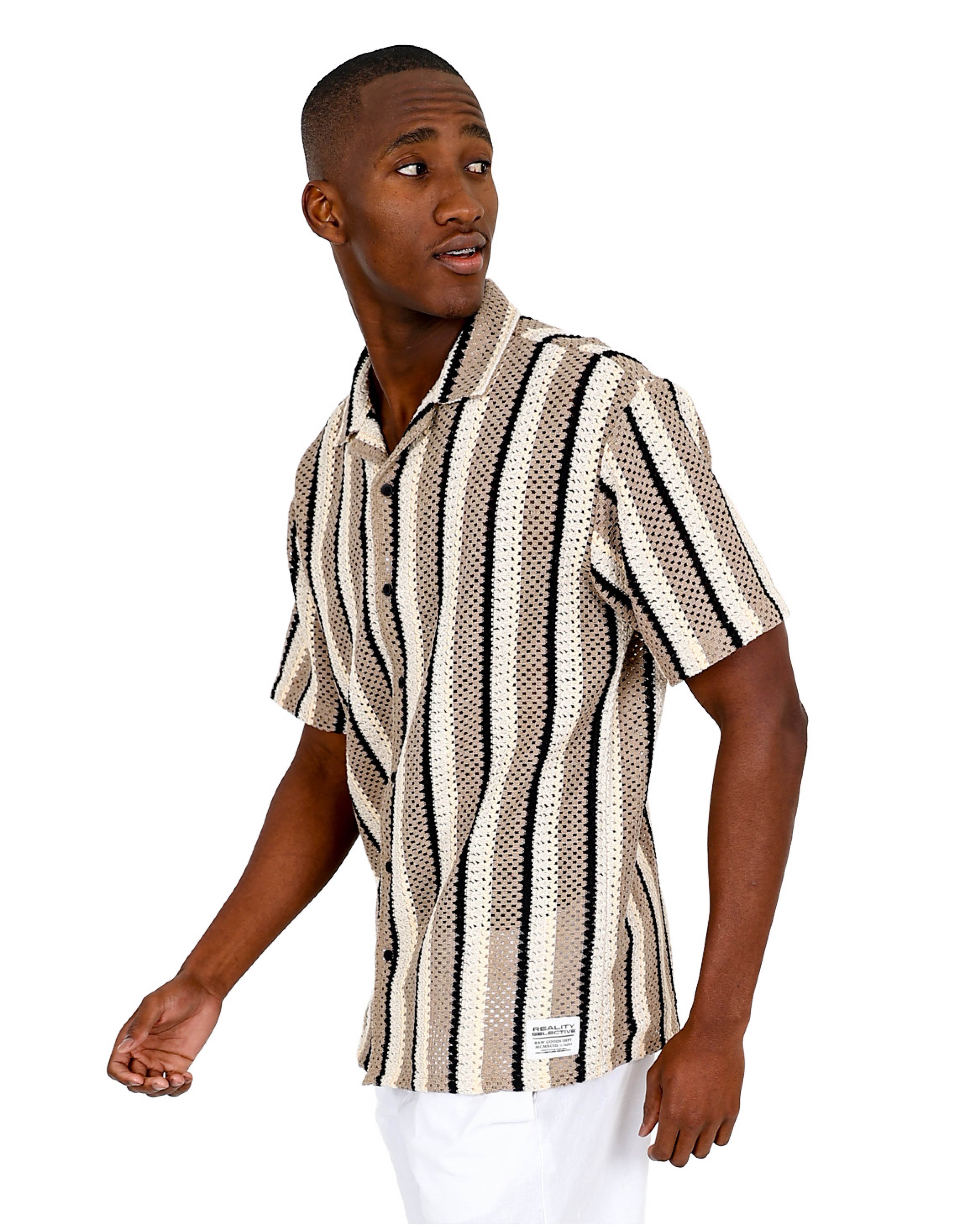 Short Sleeve Taupe & Cream Crochet Shirt