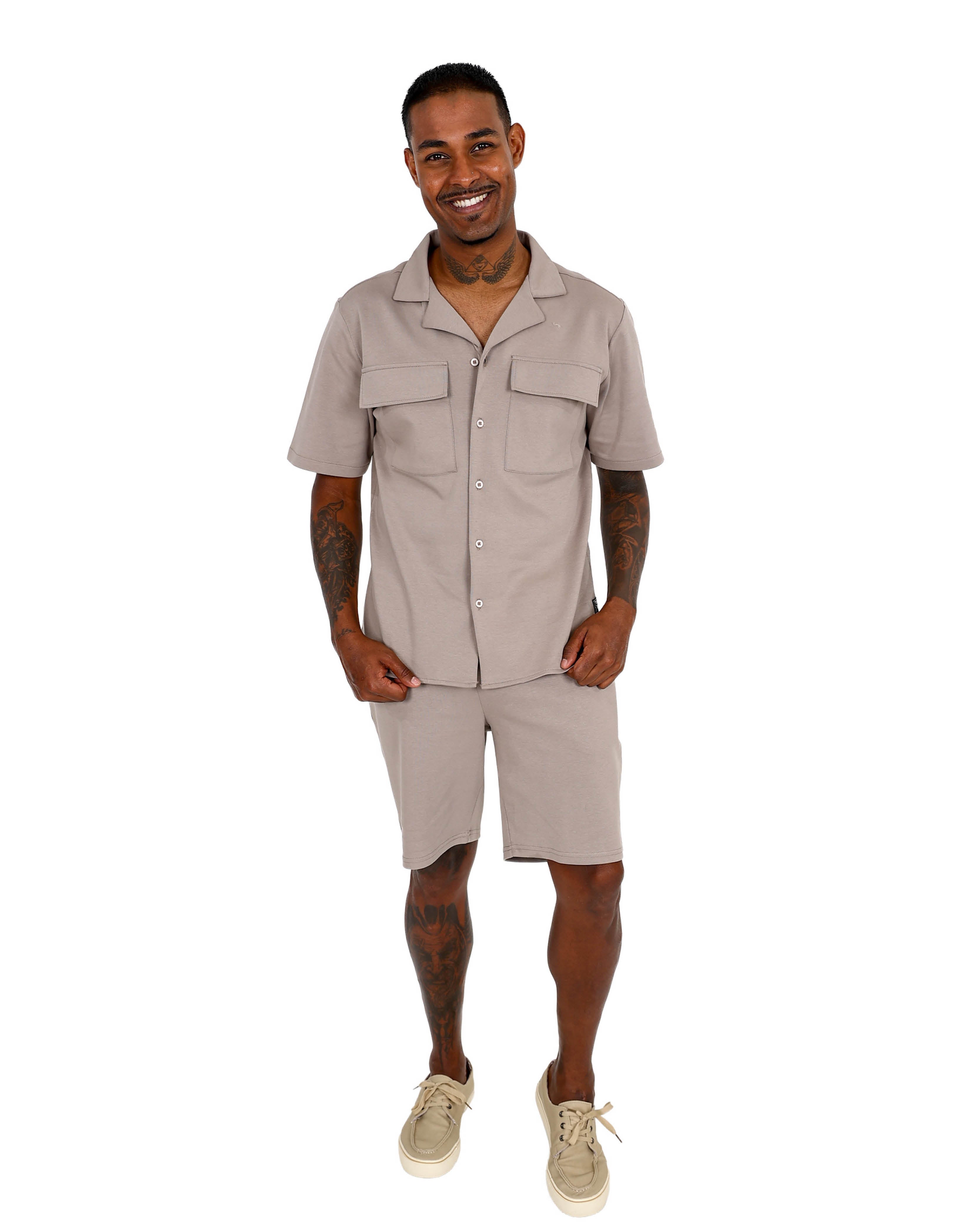 Short Sleeve Taupe Double Utility Pocket Shirt