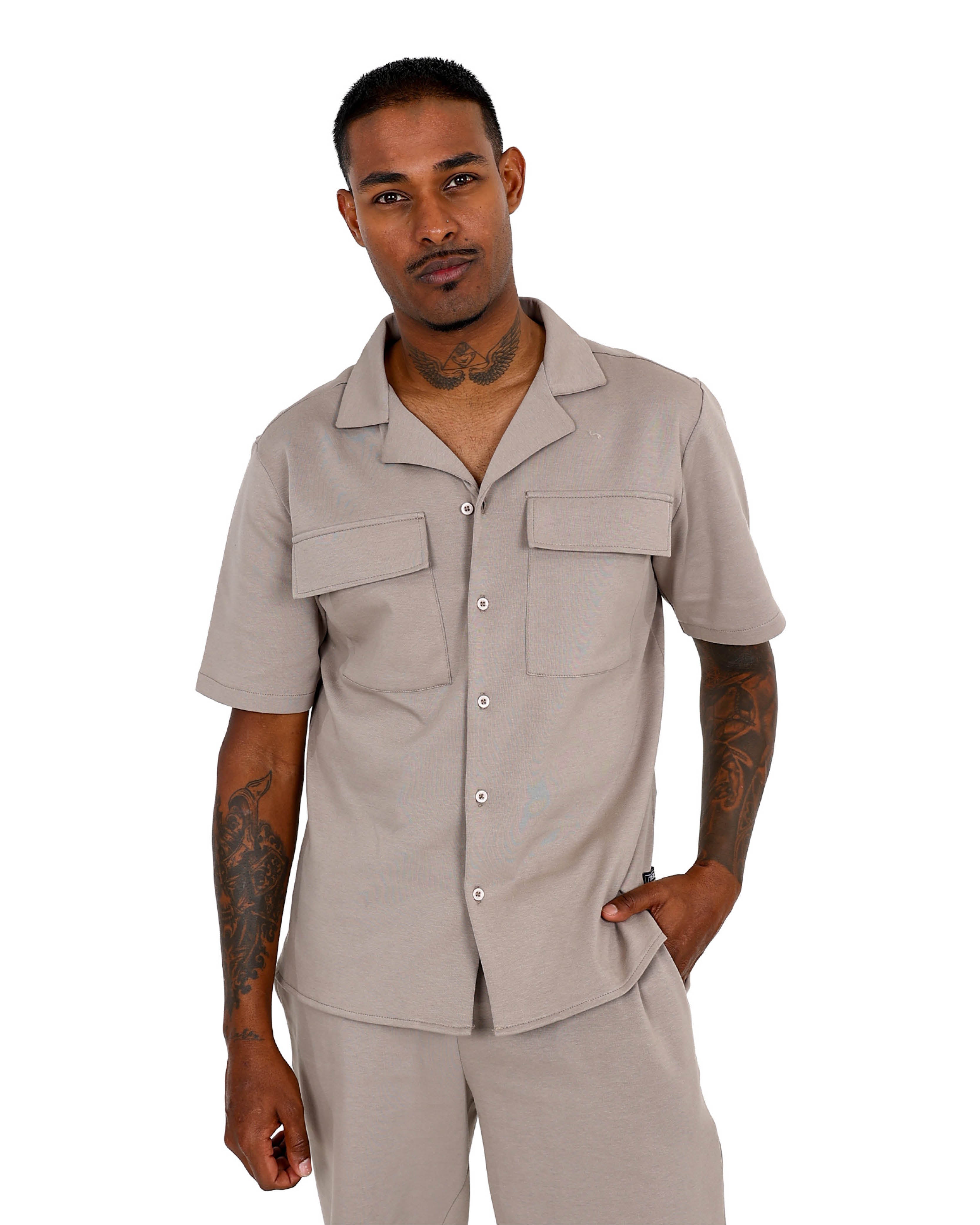 Short Sleeve Taupe Double Utility Pocket Shirt
