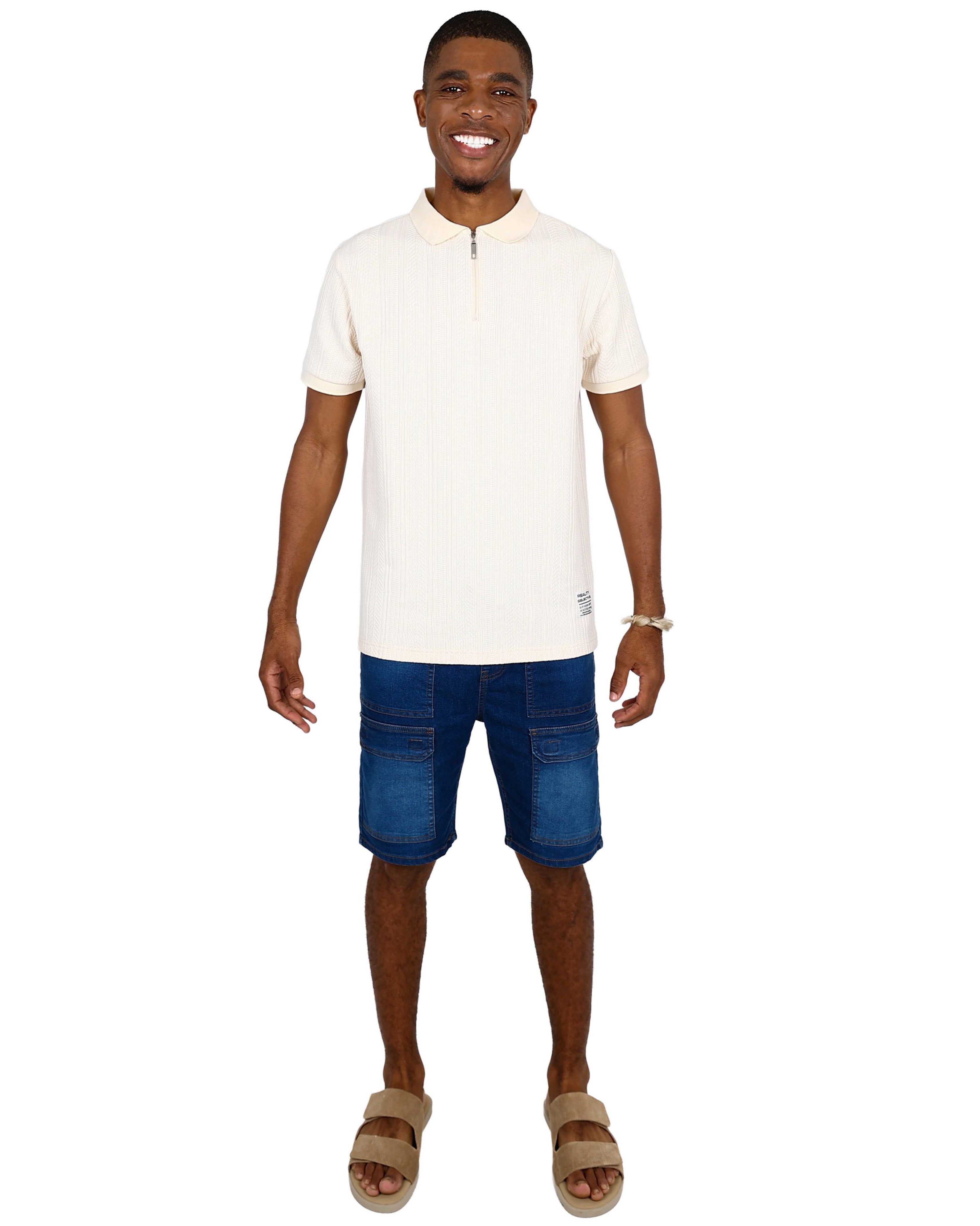Short Sleeve Cream Textured Zip Up Golfer