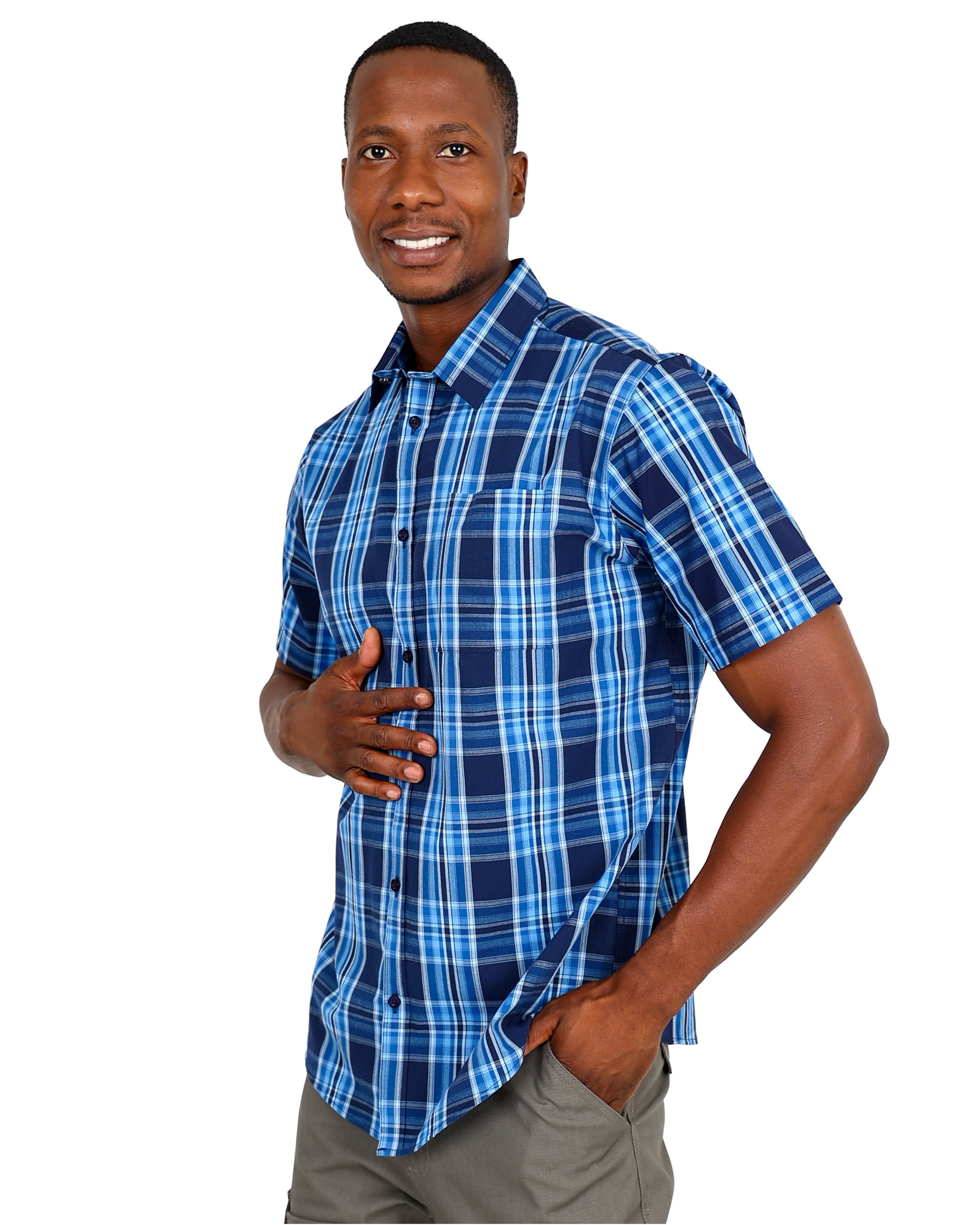 Okavango Short Sleeve Navy Check Cotton Shirt