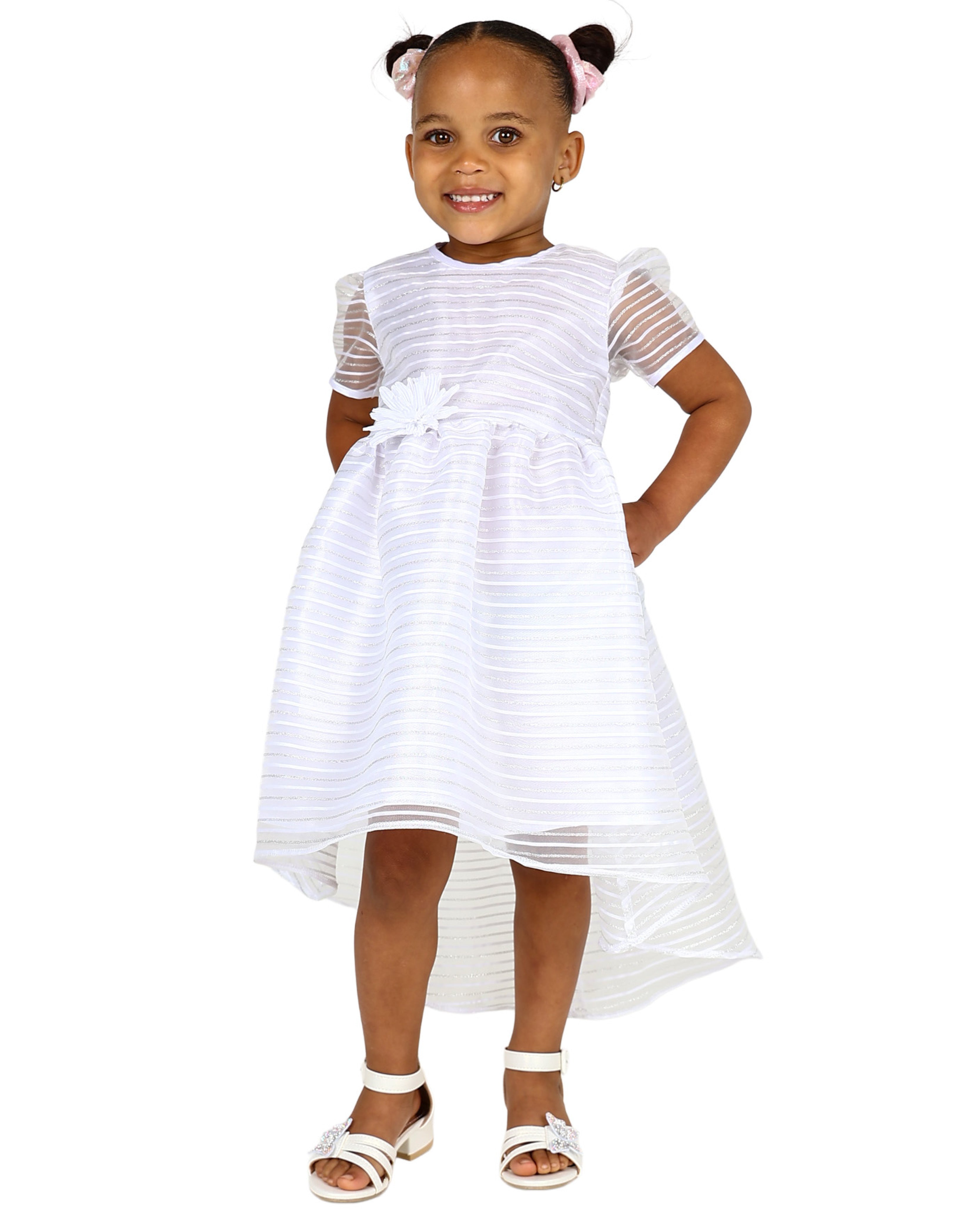 White Organza Stripe High Low Party Dress