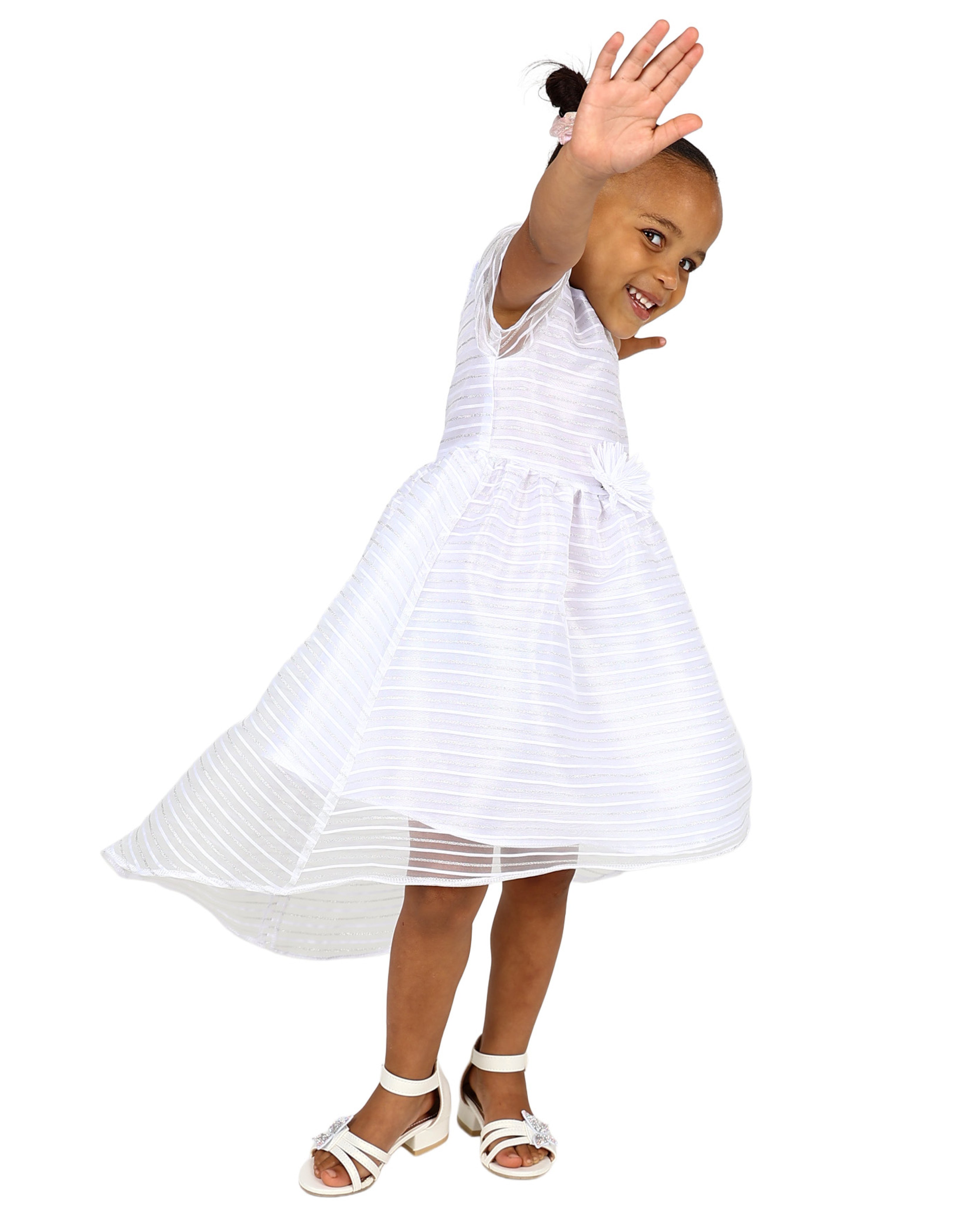 White Organza Stripe High Low Party Dress