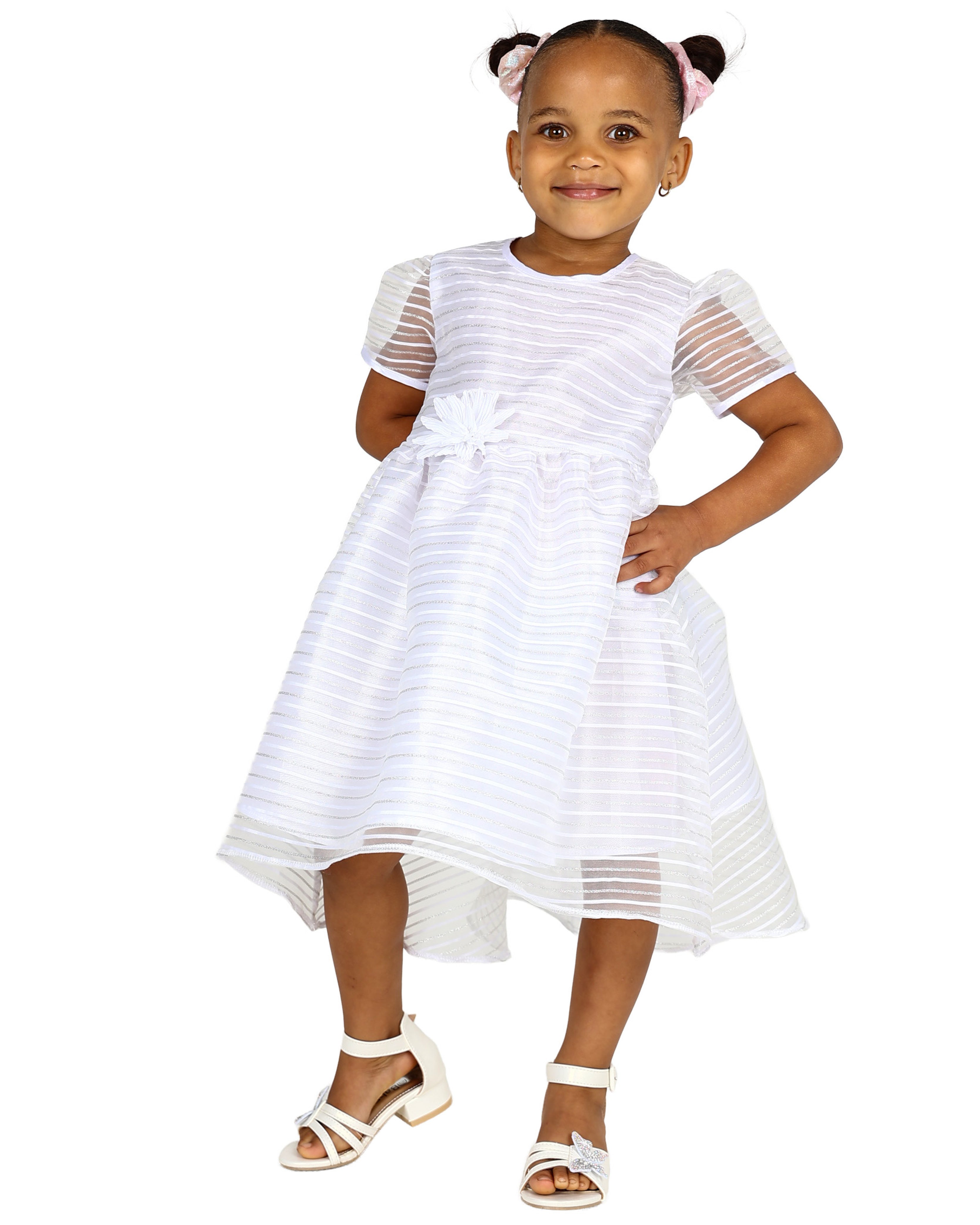 White Organza Stripe High Low Party Dress