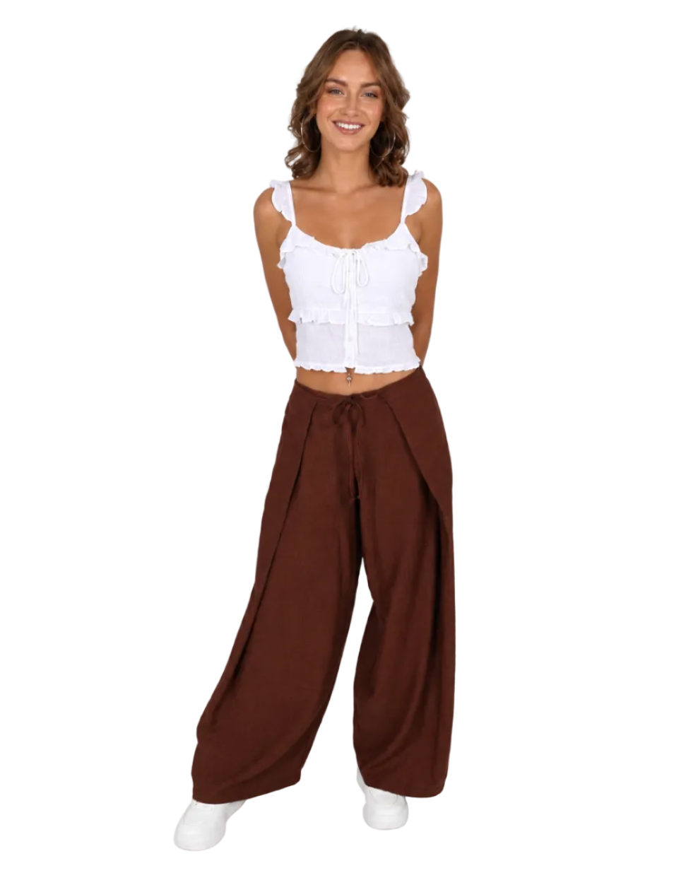 Brown Mock Wrap Wide Leg Crepe Pants