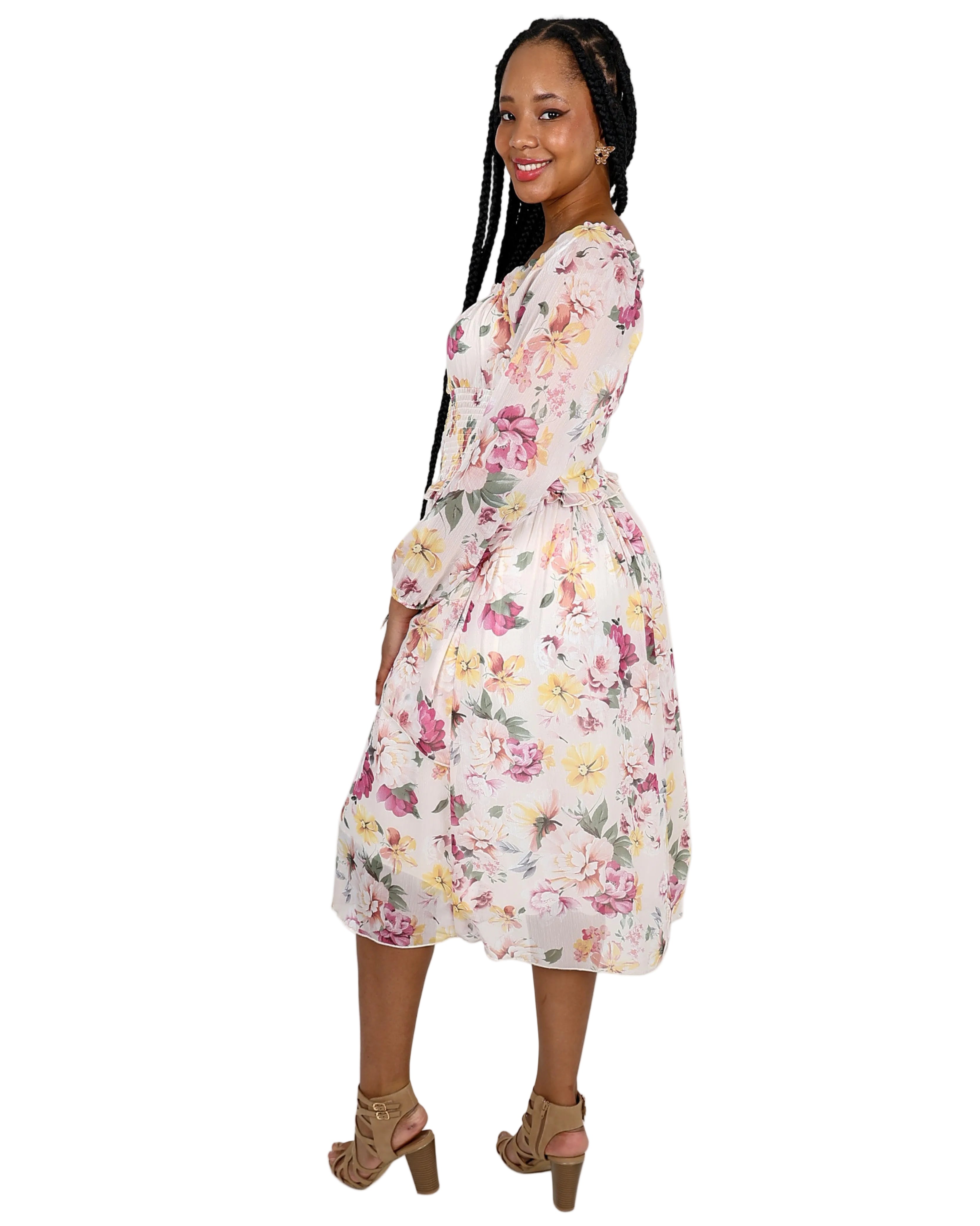 Long Sleeve Ruffle Floral Midi Dress