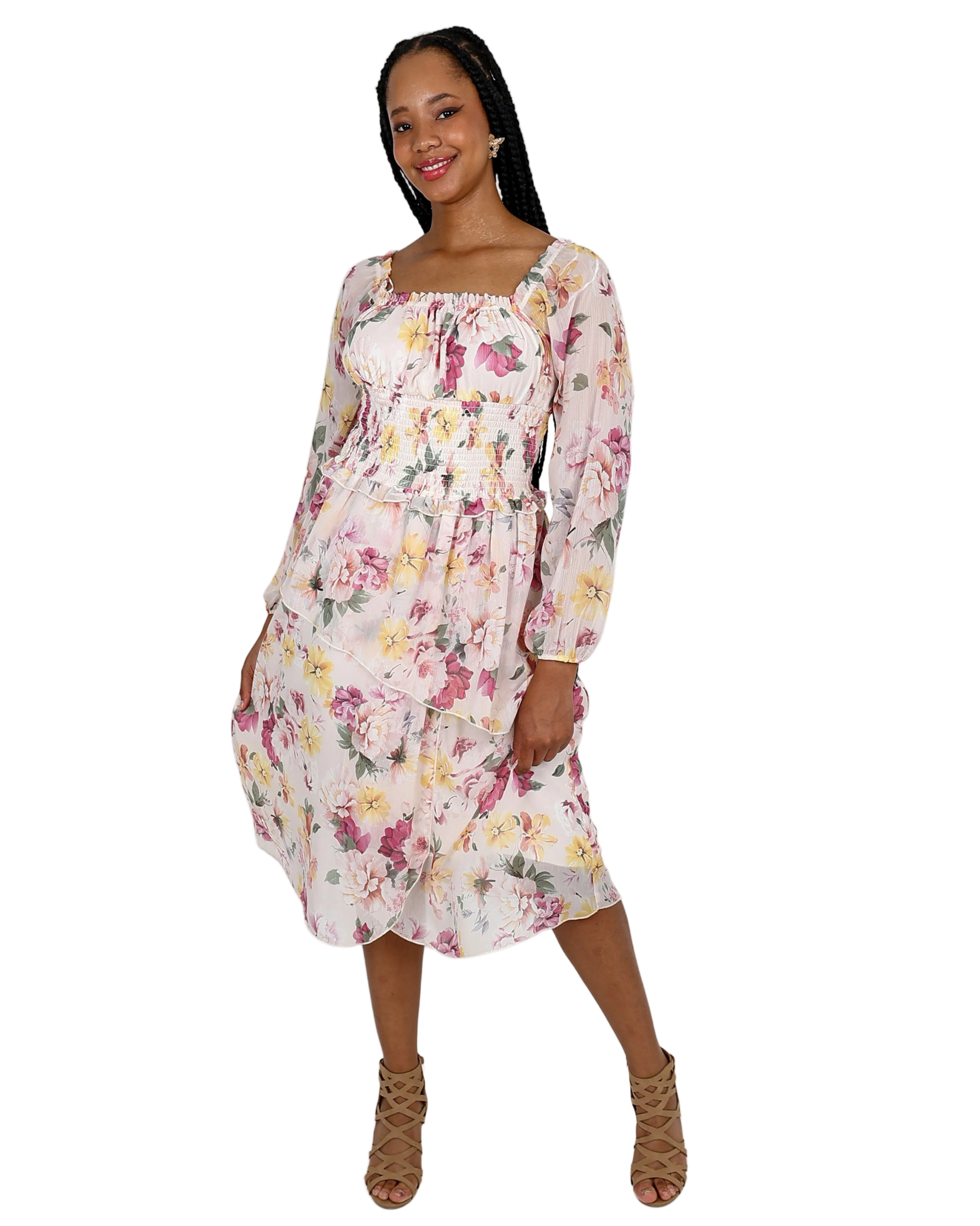 Long Sleeve Ruffle Floral Midi Dress