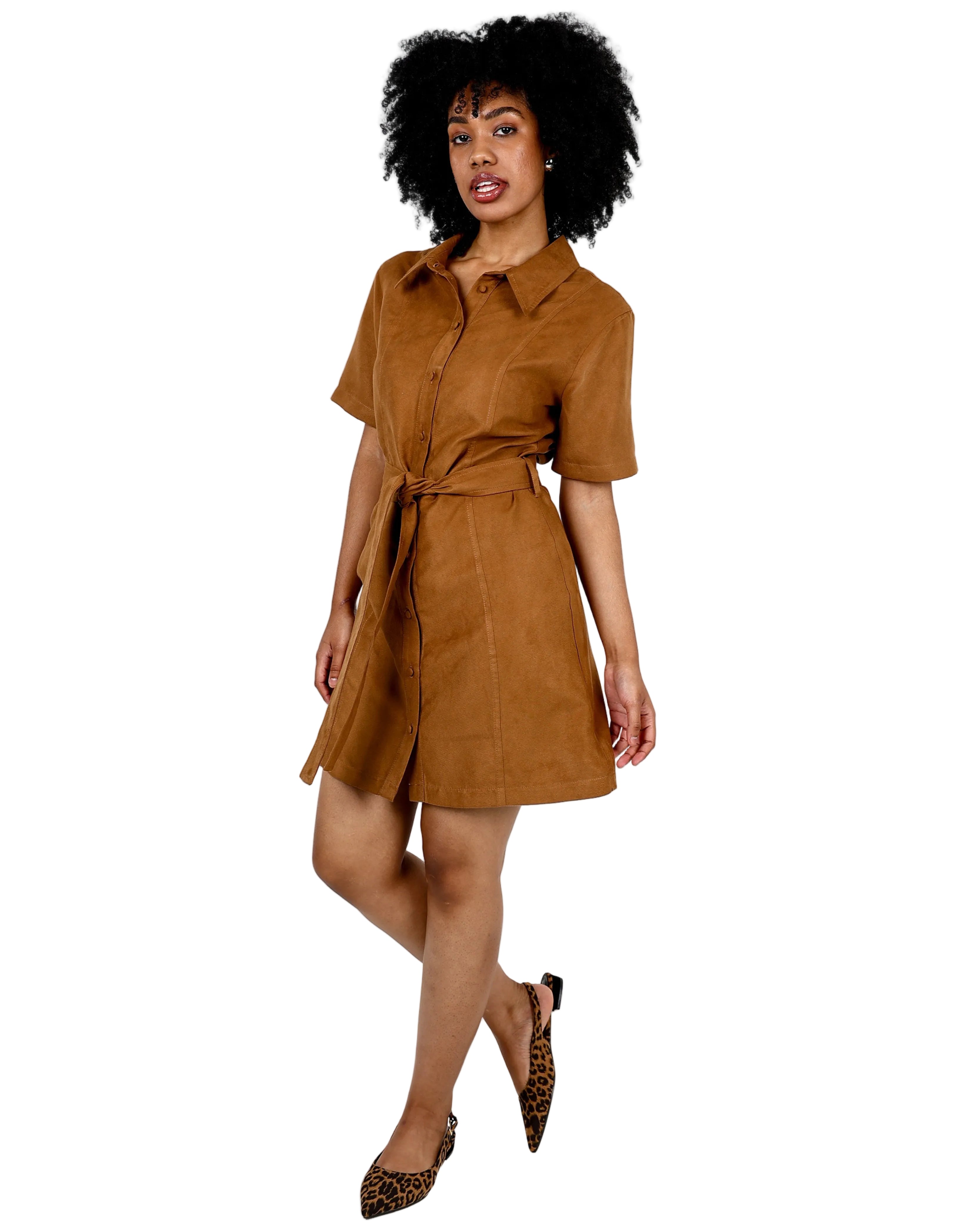 Short Sleeve Tan Button-Through Suede Mini Dress
