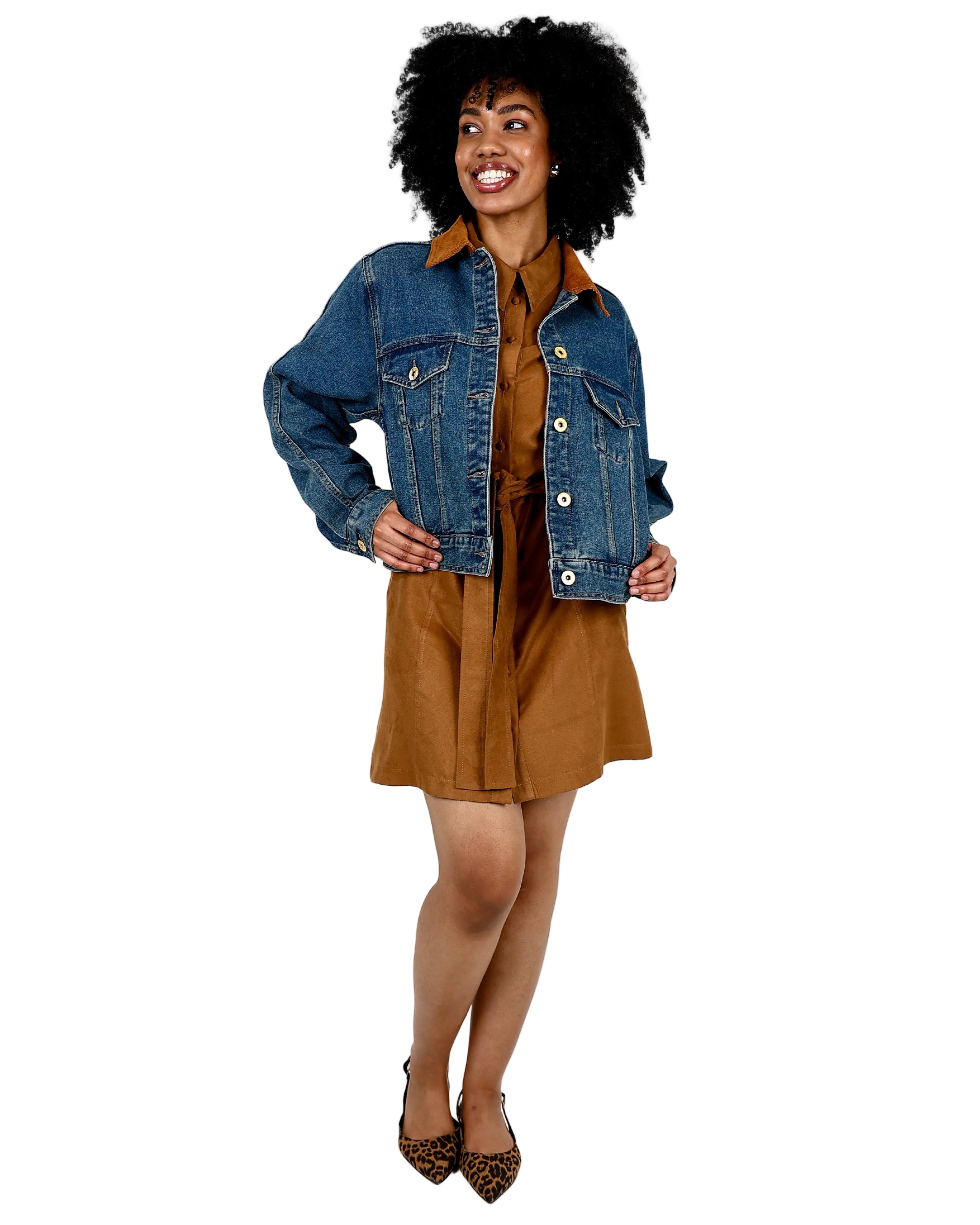 Short Sleeve Tan Button-Through Suede Mini Dress