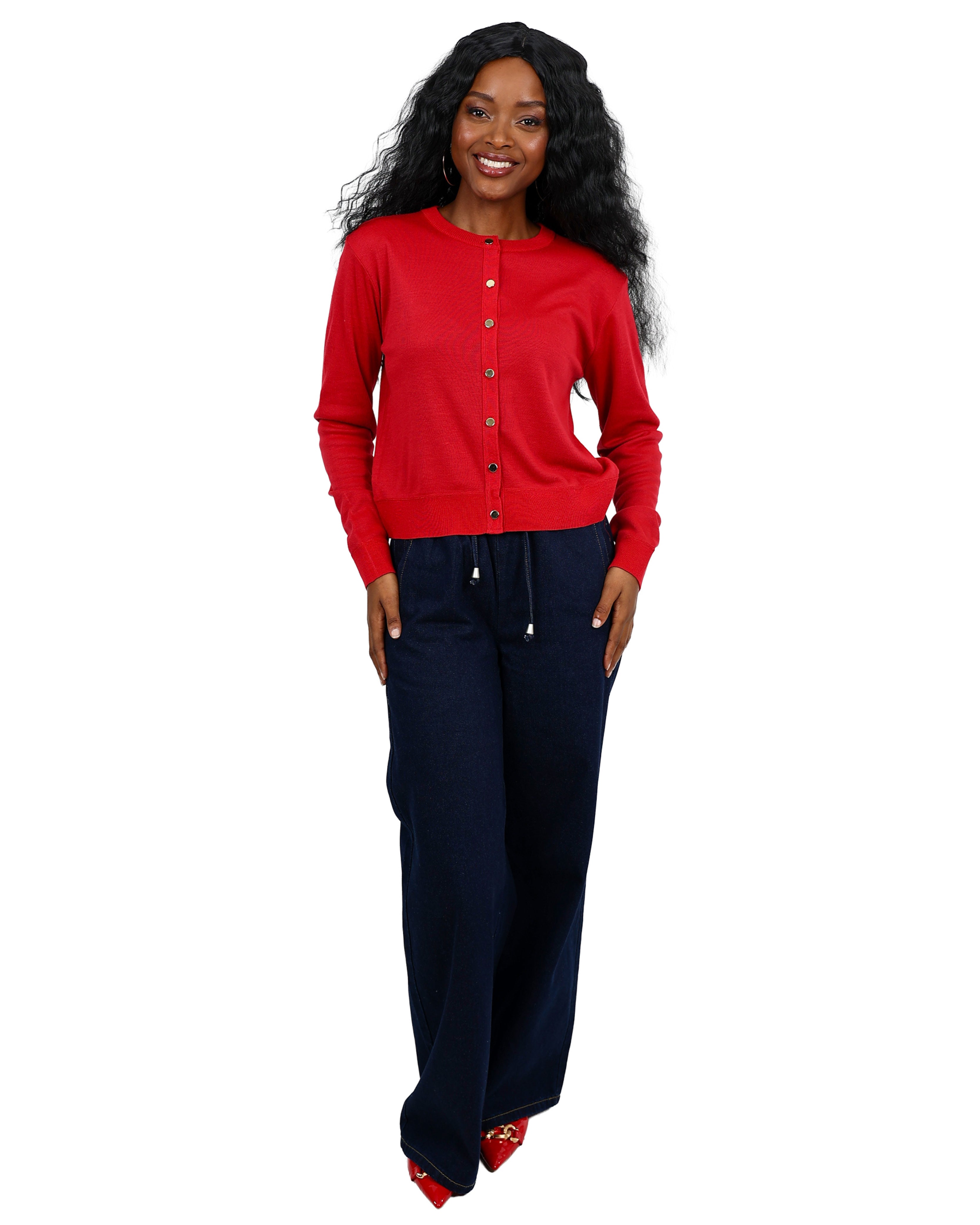 Long Sleeve Button Through Red Cardigan