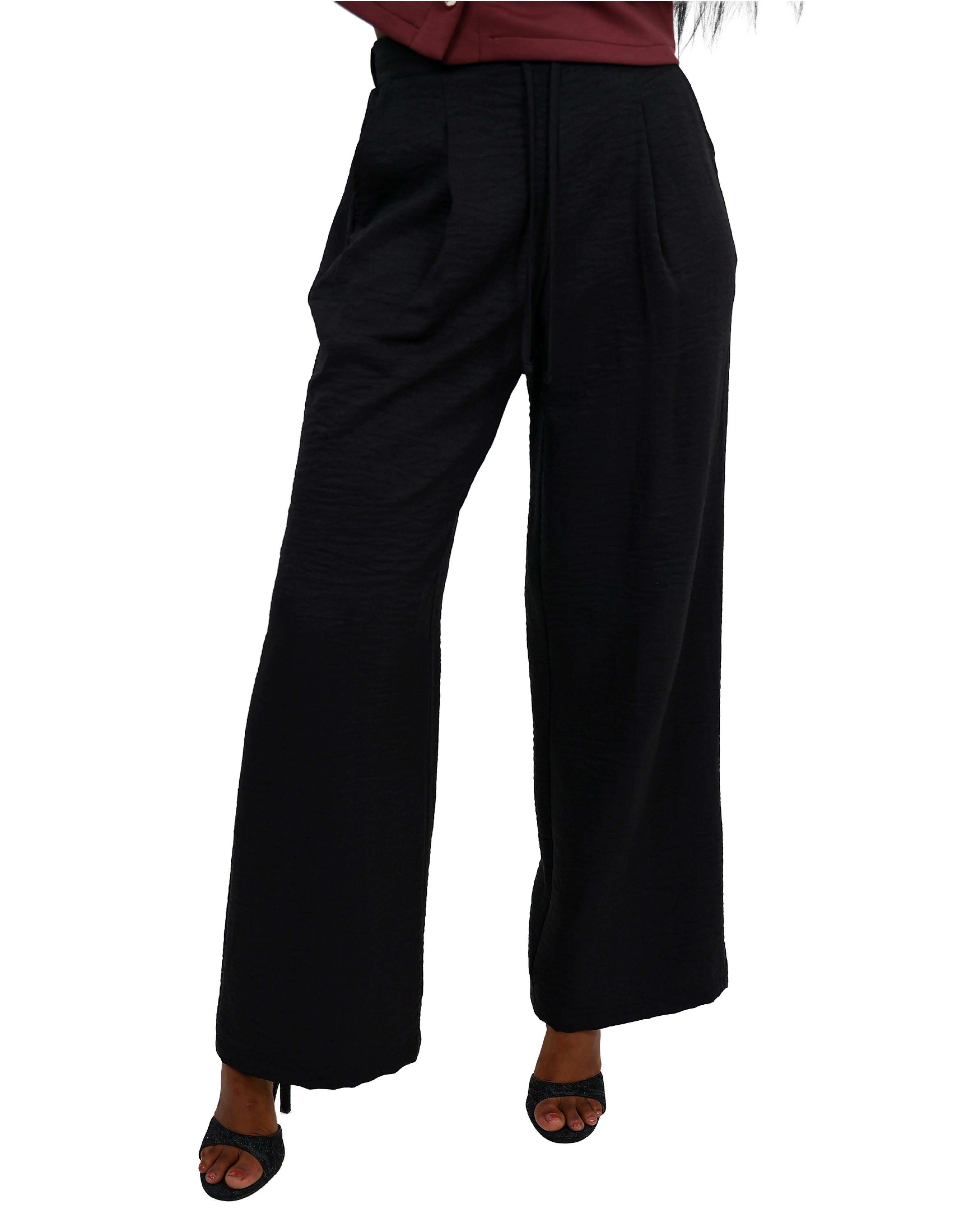 Black Crinkle Pullup Wide Leg Pant