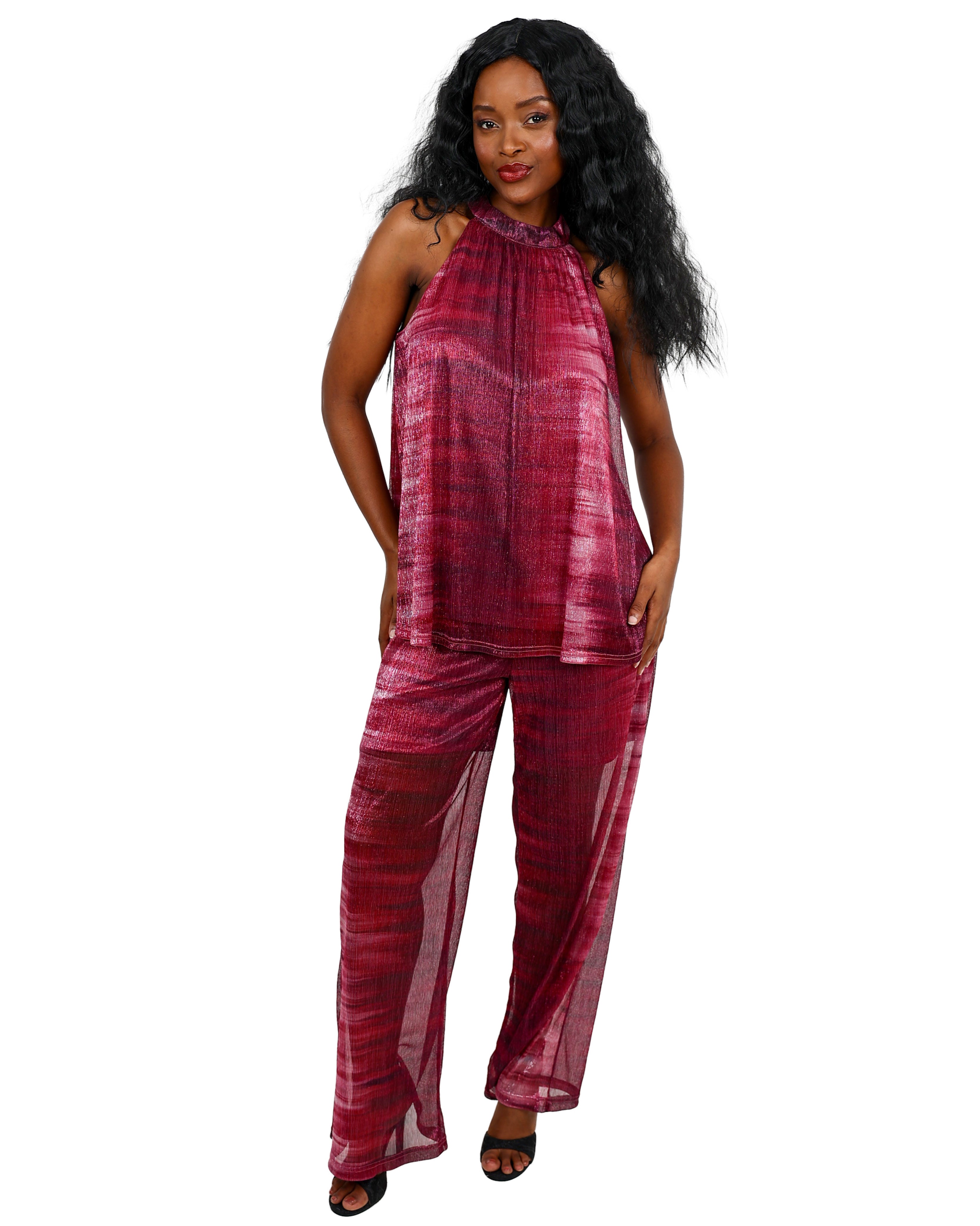 Burgundy Shimmer Halter Neck Blouse