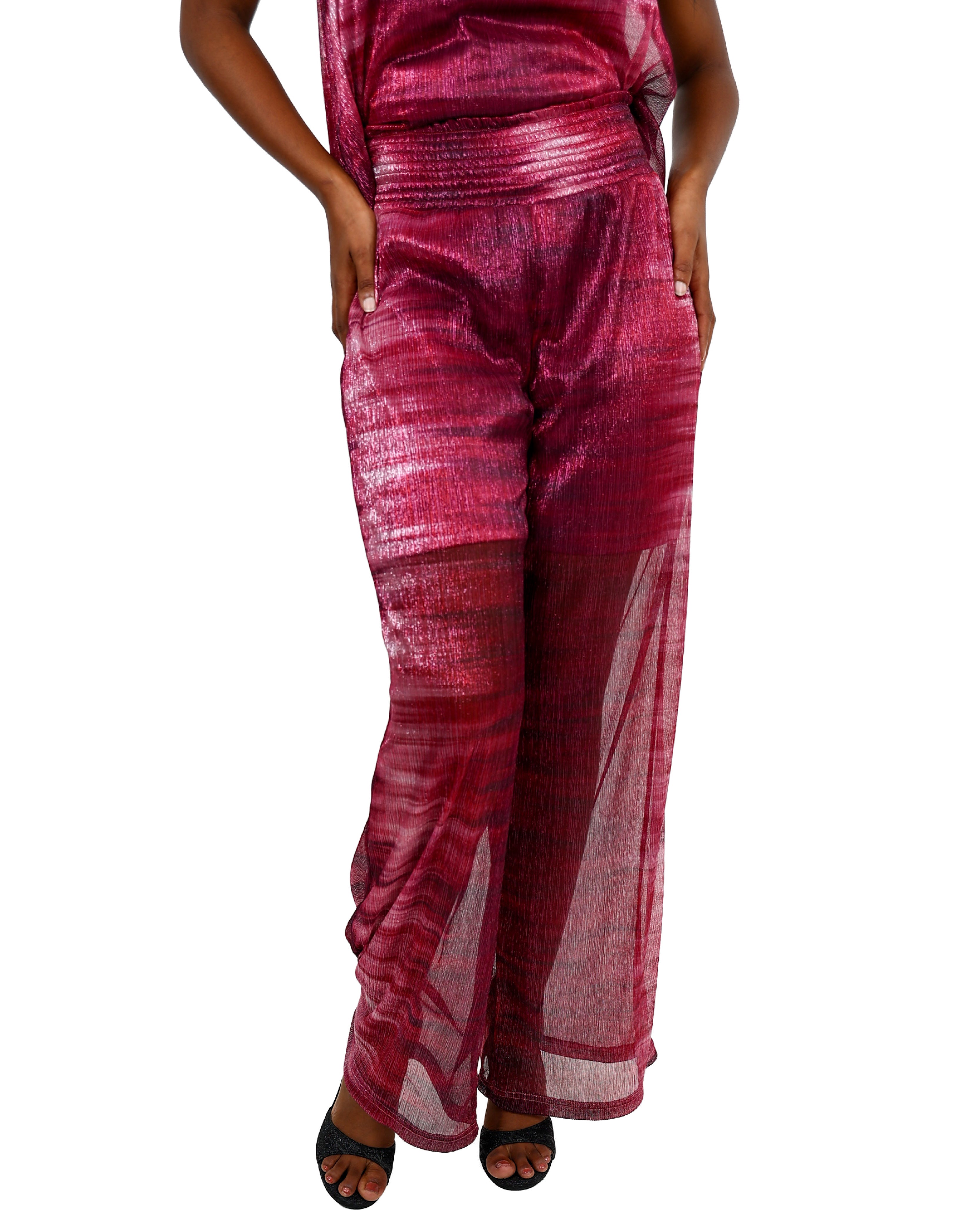 Burgundy Shimmer Shirred Pants