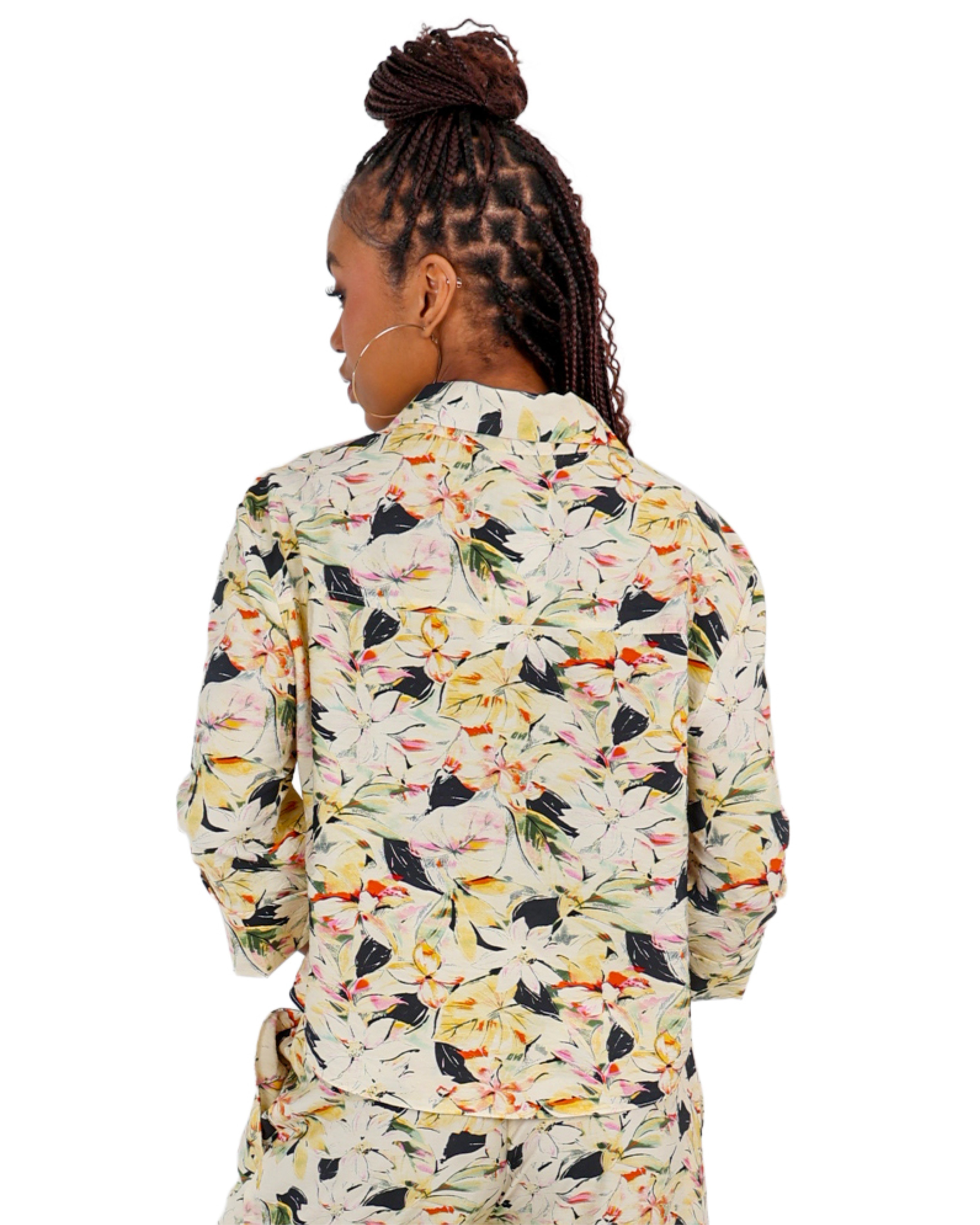 Yellow Floral Print 3/4 Sleeve Shirt