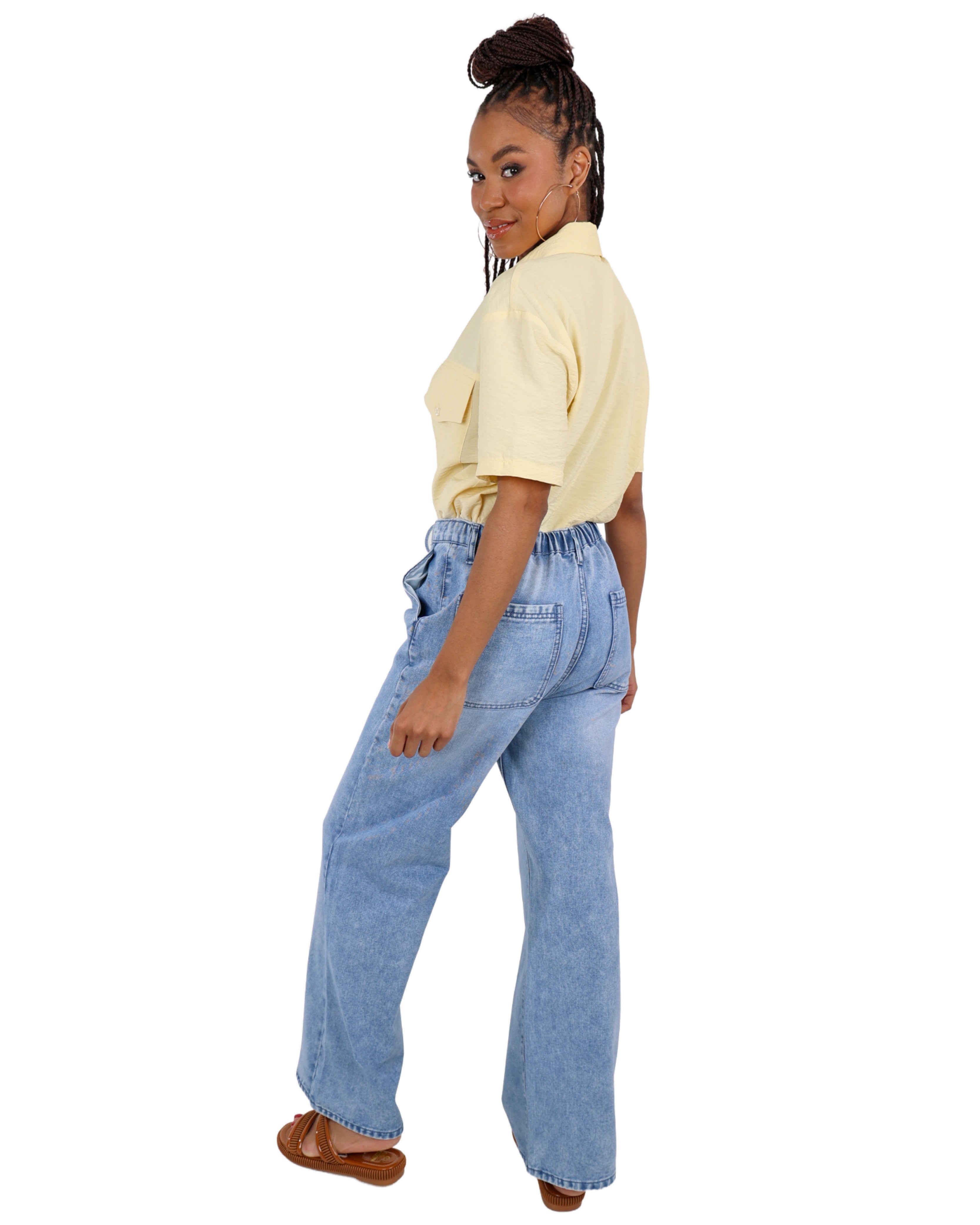 Light Indigo Elasticated Wide Leg Denim Jeans