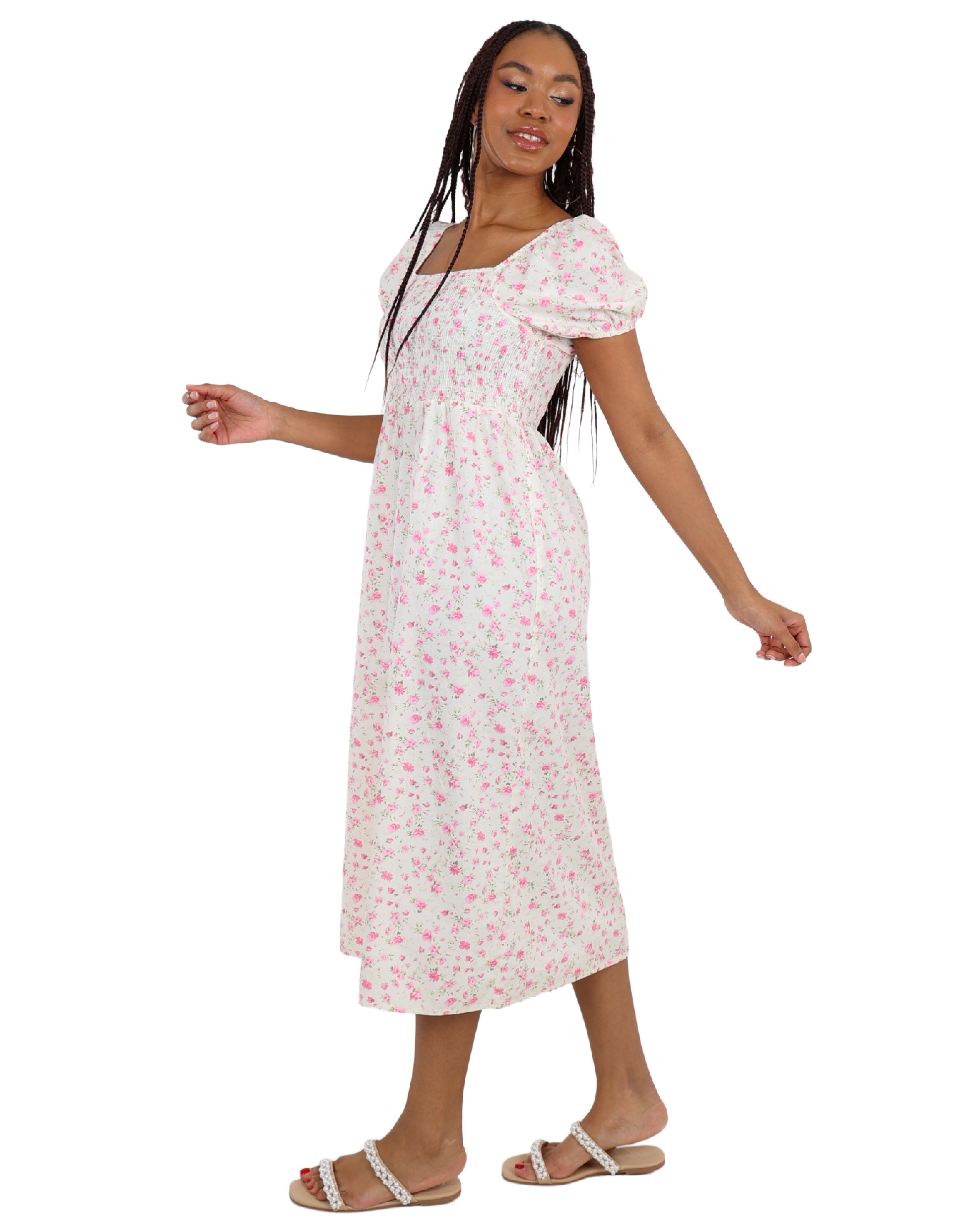 Floral Print Puff Sleeve Mid Dress