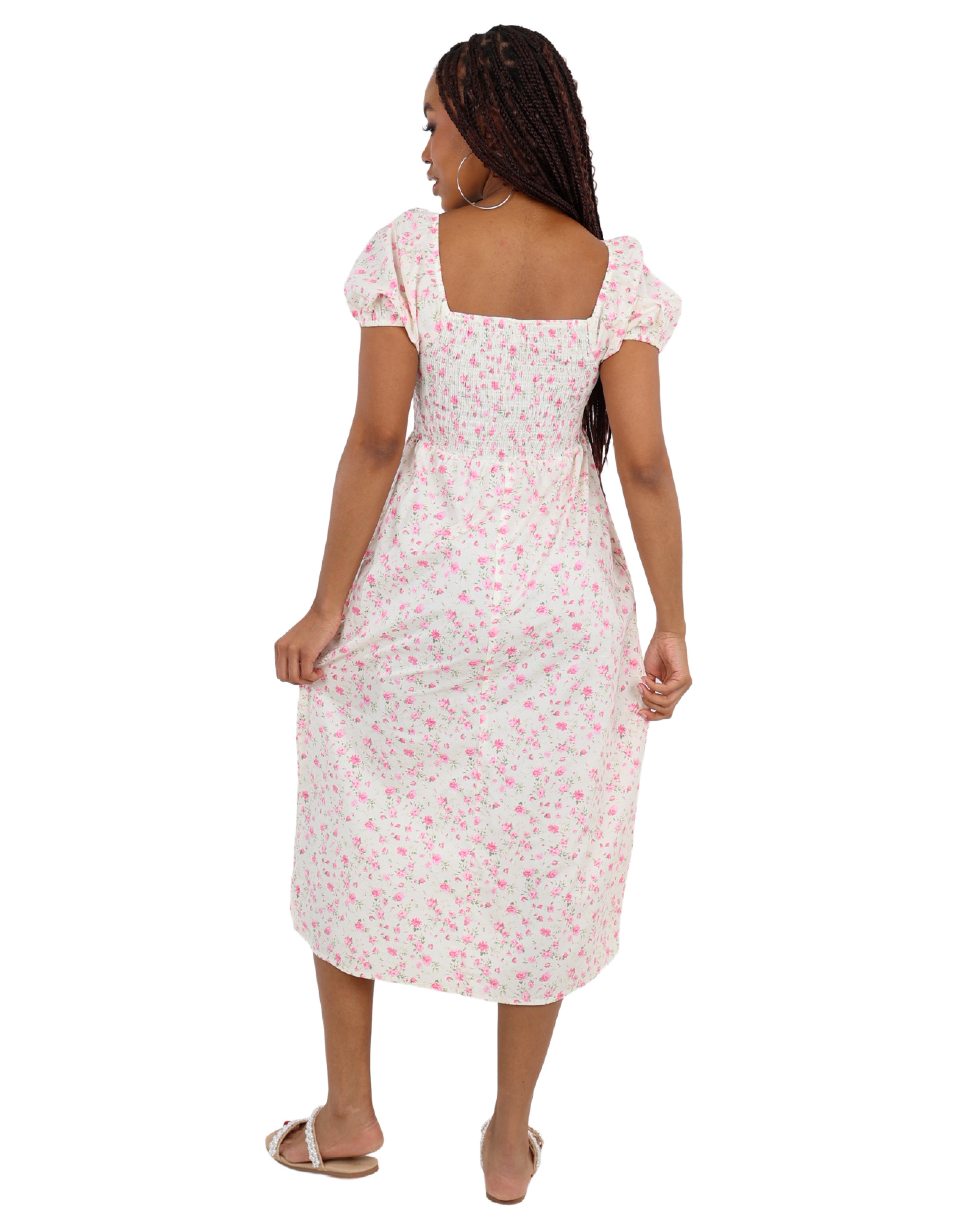 Floral Print Puff Sleeve Mid Dress