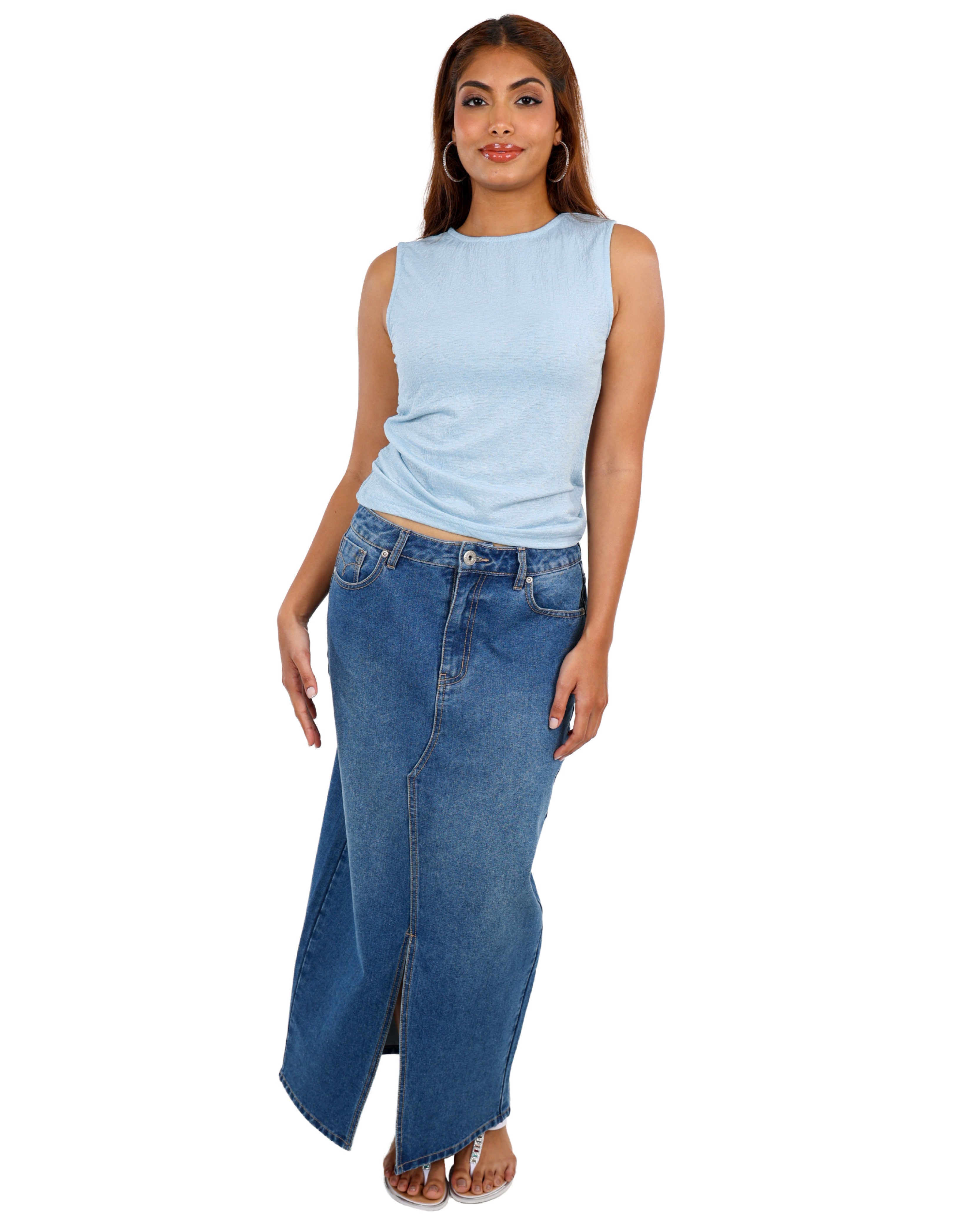 Light Indigo Denim Midi Skirt