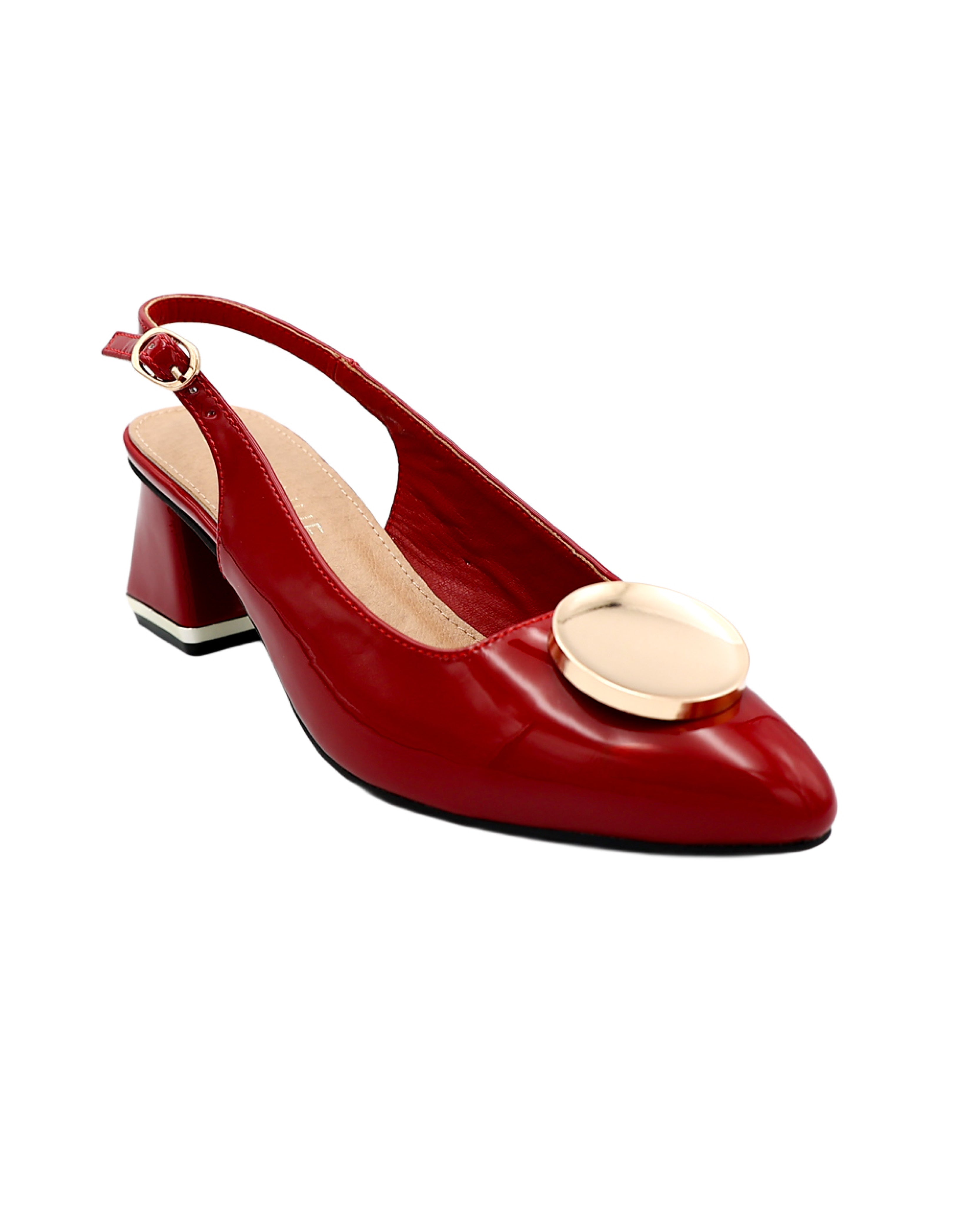 Red Disc Accent Slingback Block Heels